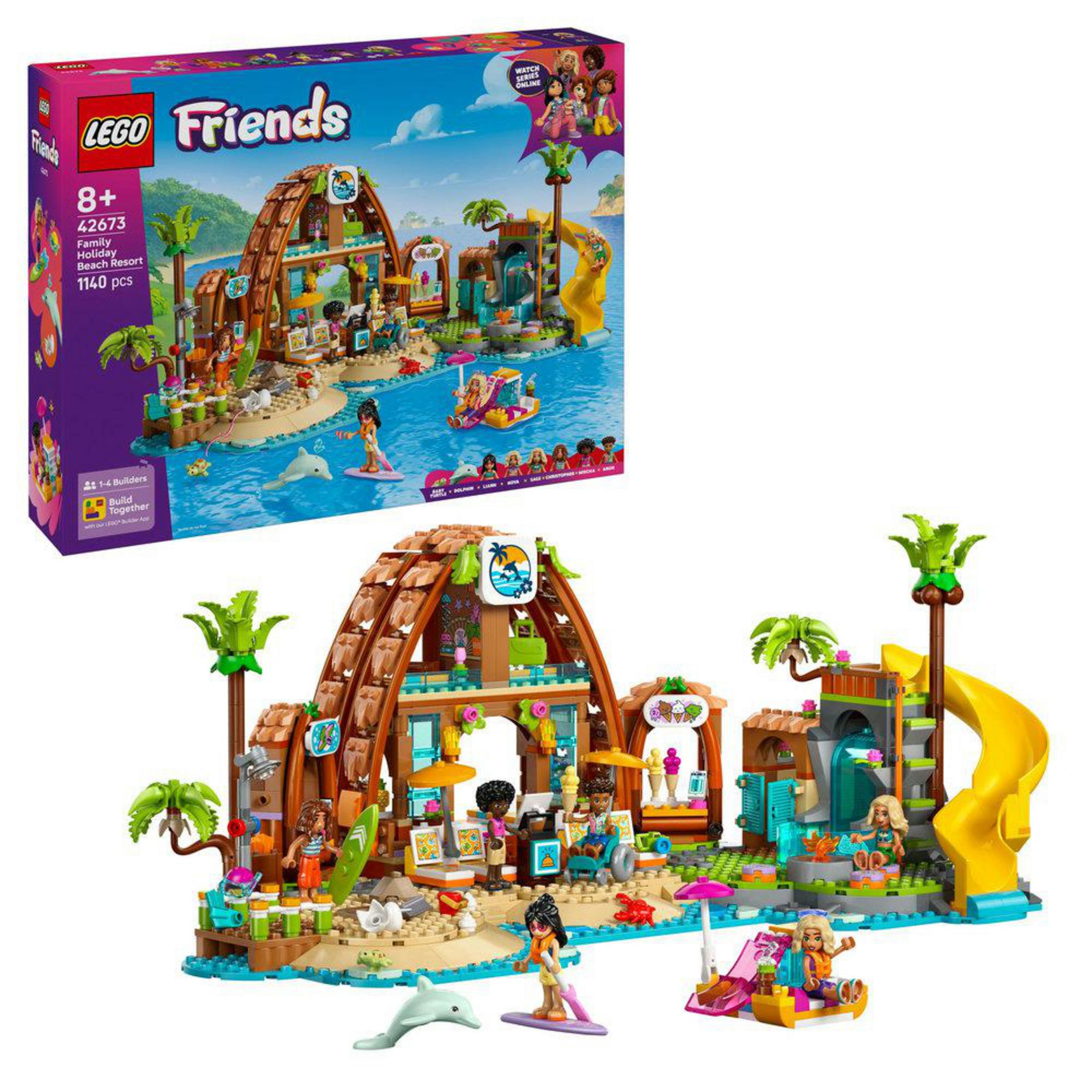 Resort da spiaggia LEGO Friends con figure, scivolo e barche giocattolo su paesaggio sabbioso.