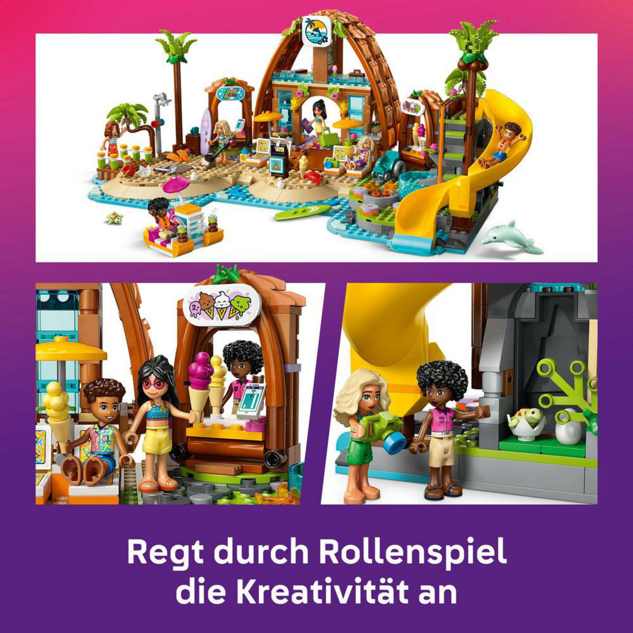 Scena colorata Lego sulla spiaggia con gelateria, scivolo e figure.
