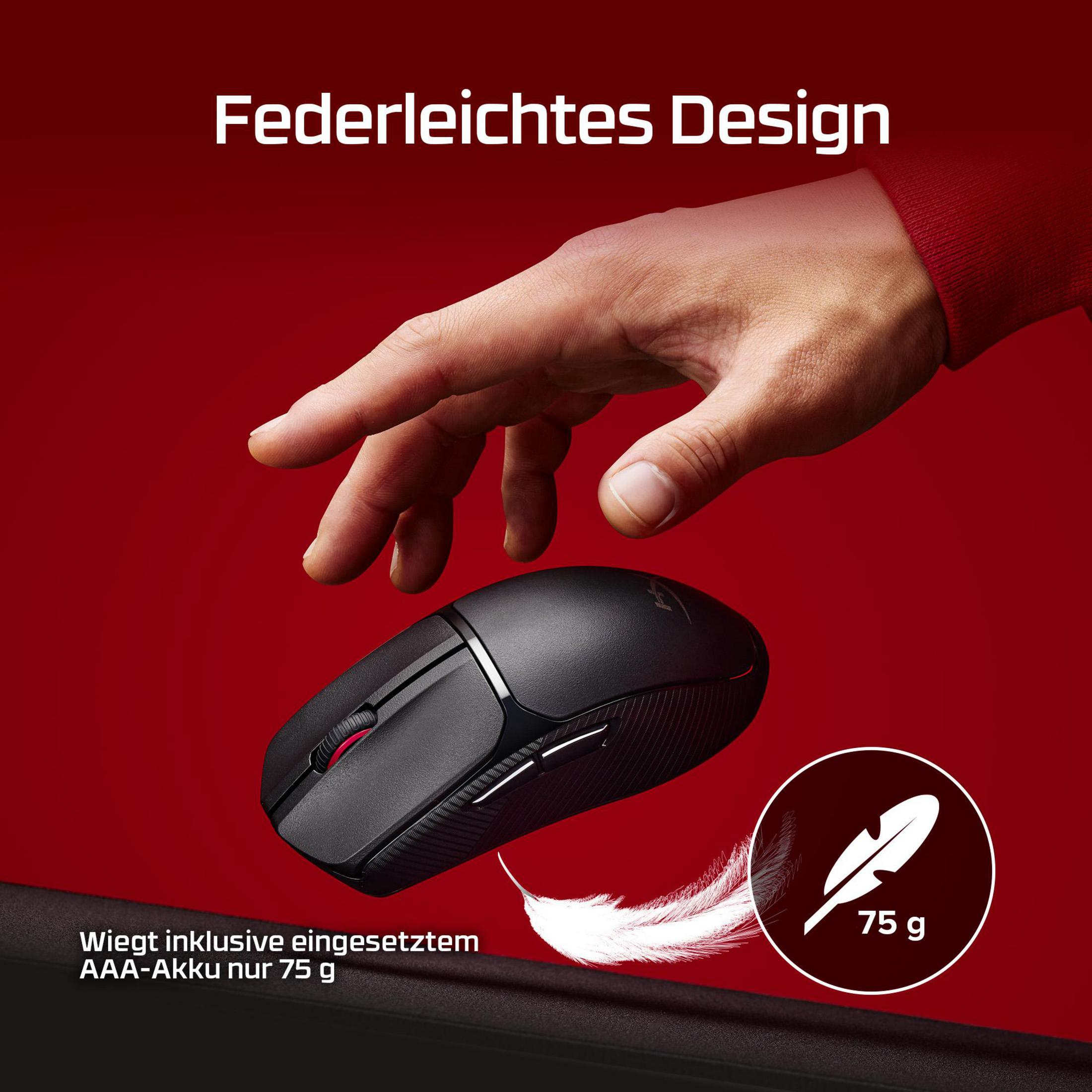 Mouse nero con icona a forma di piuma e indicatore di peso 75g su sfondo rosso.