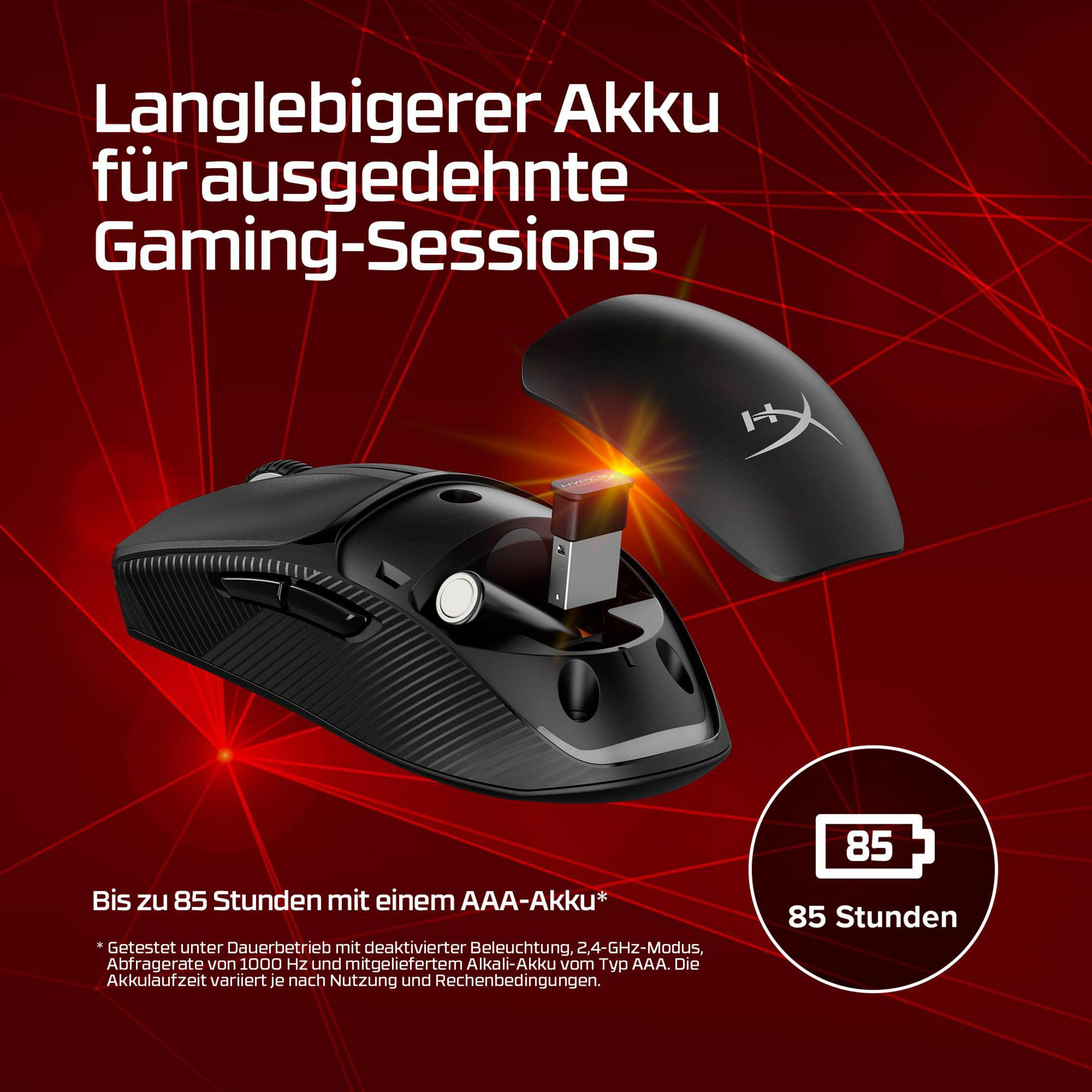 Mouse da gaming nero con dongle USB, pubblicizza 85 ore di autonomia.