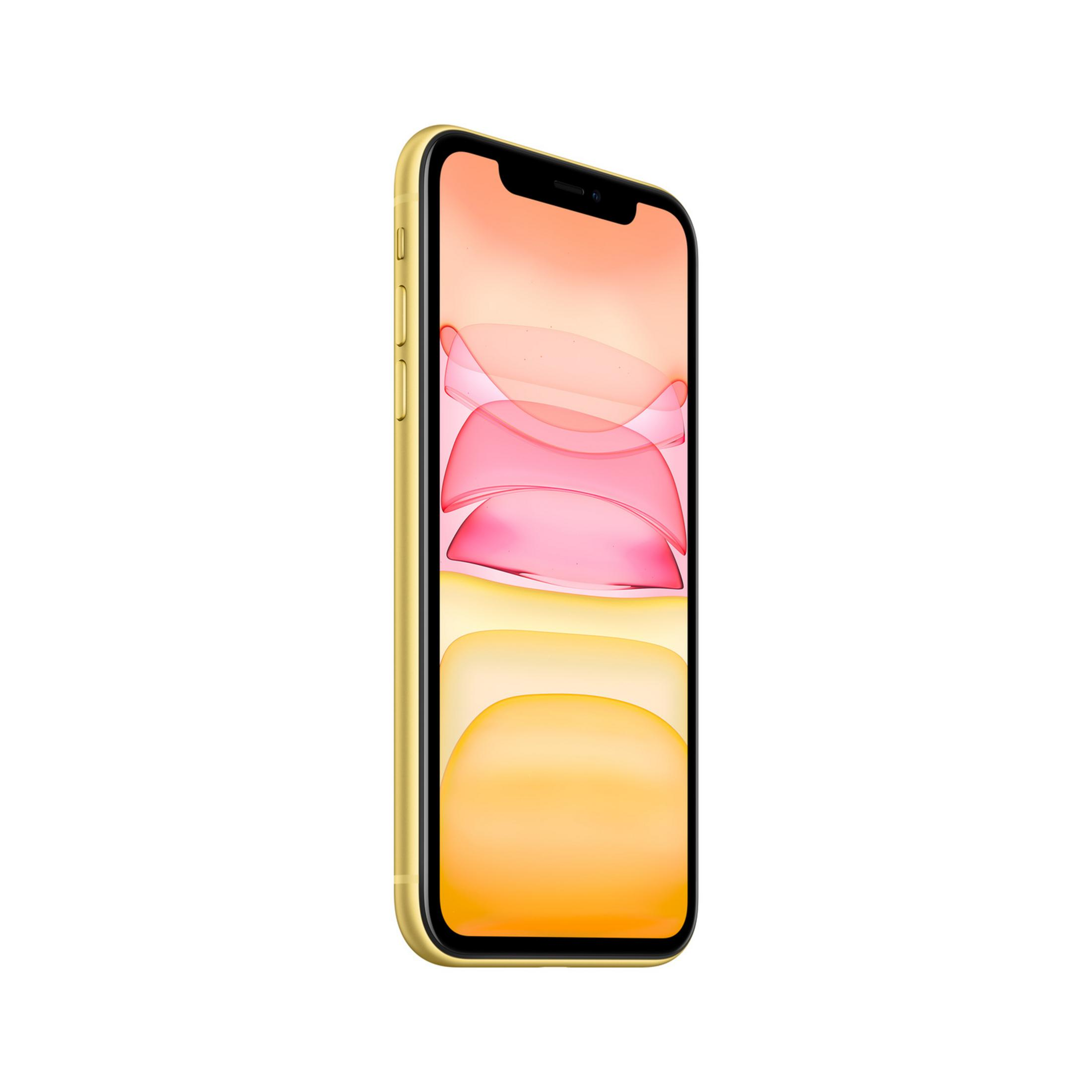 Uno smartphone giallo con un gradiente colorato sullo schermo.