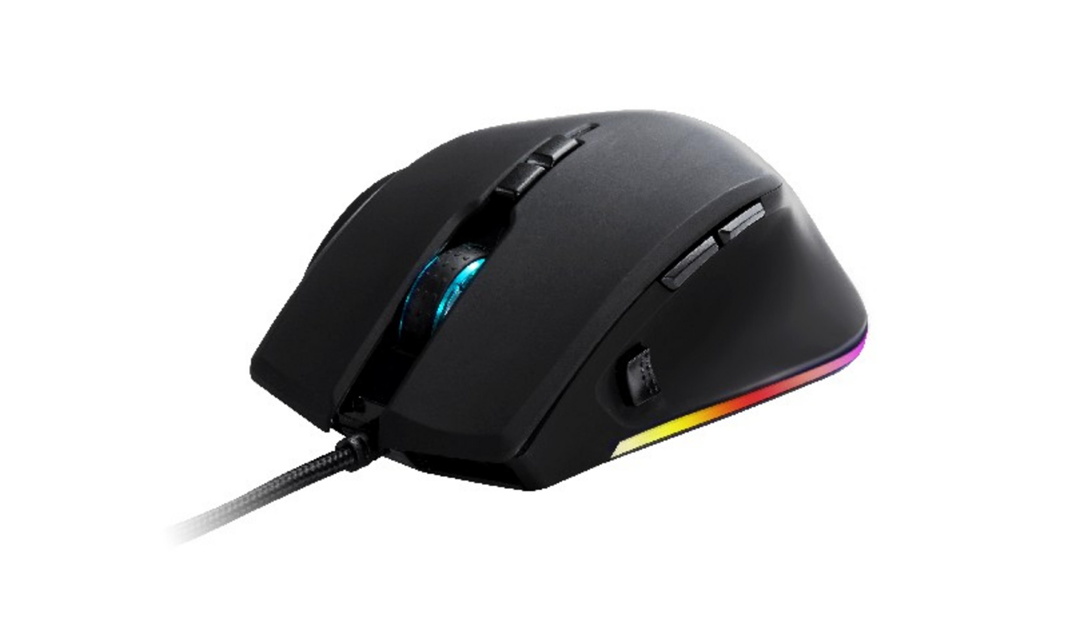Mouse gaming nero con illuminazione RGB e cavo.