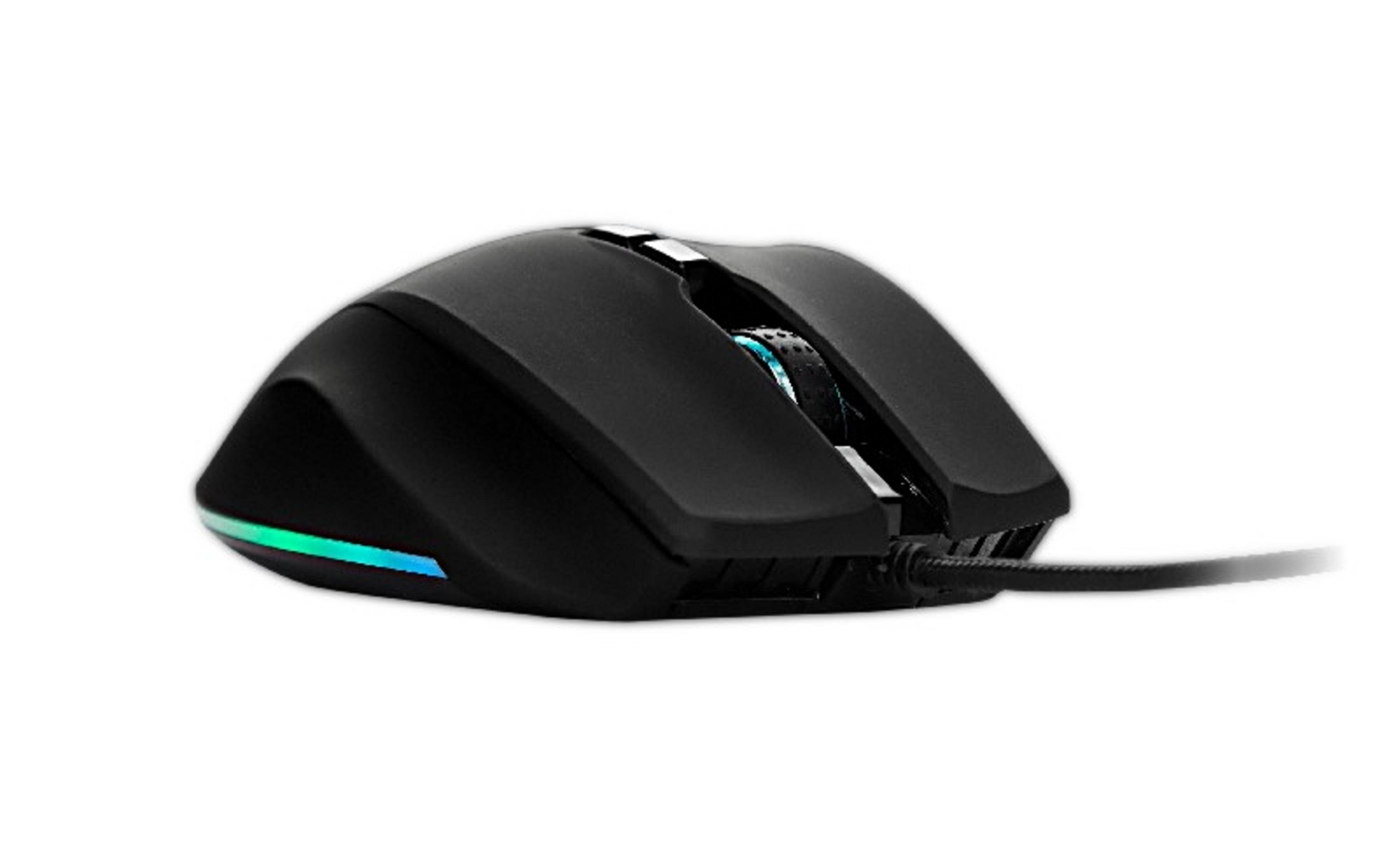 Mouse gaming nero con illuminazione RGB e rotellina, sfondo bianco.