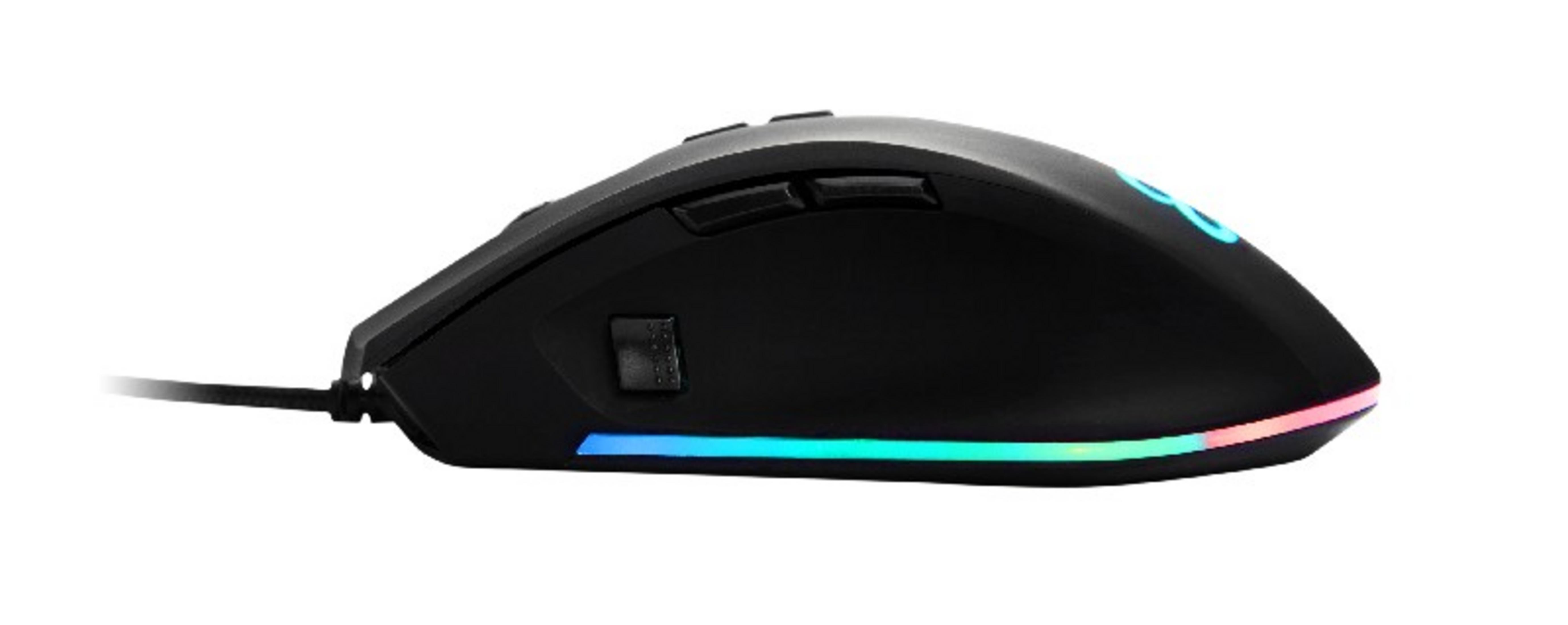 Un mouse da gaming nero con illuminazione RGB sulla base e sul logo.