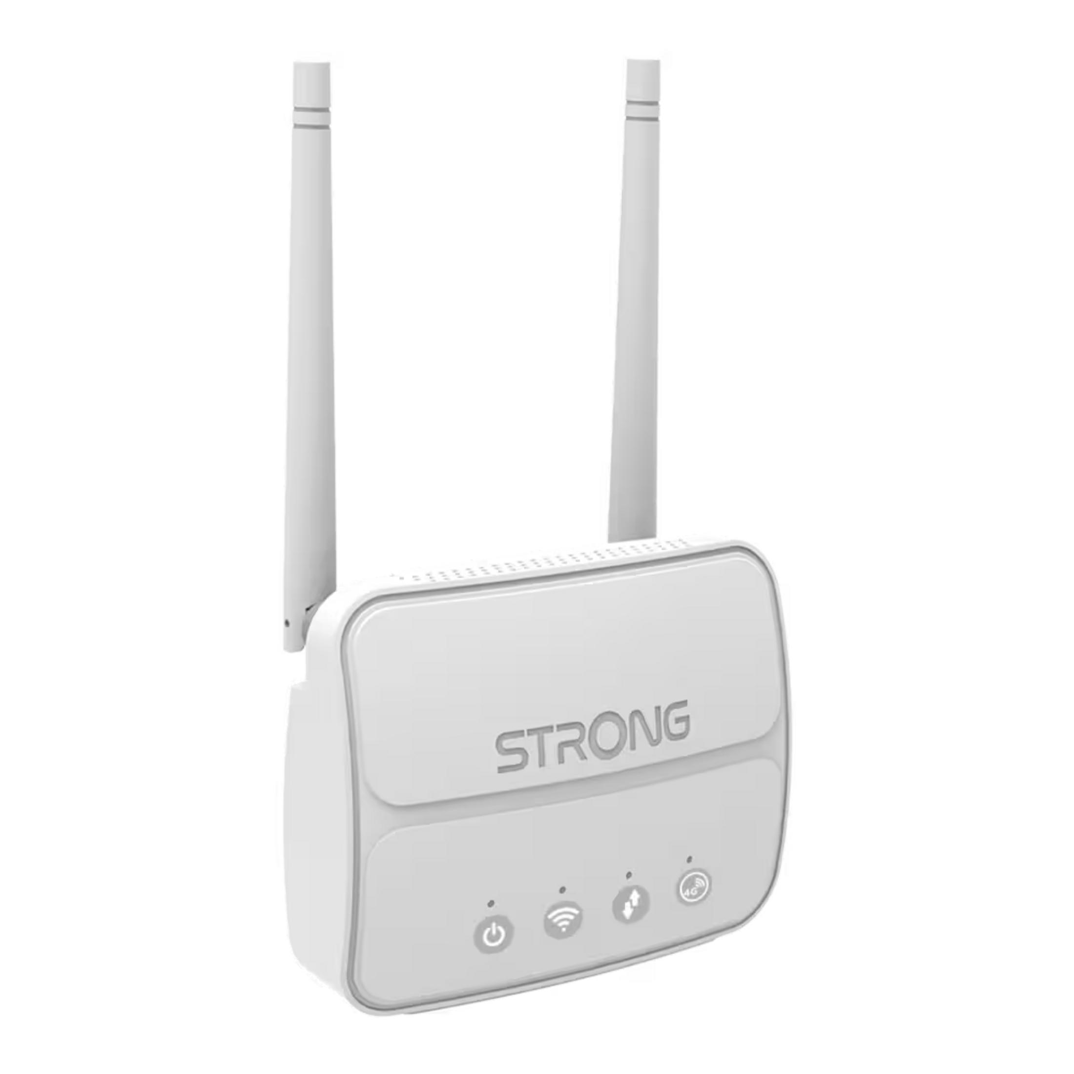 Un router blanco con dos antenas y el logo STRONG.