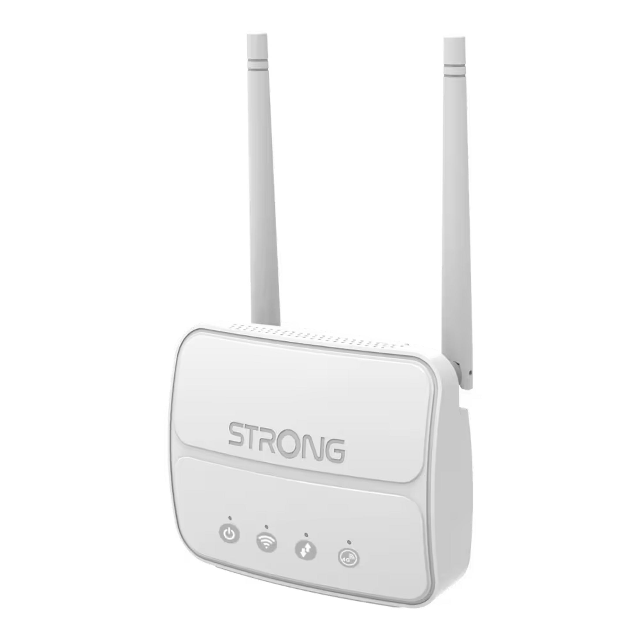 Un router blanco con dos antenas y cuatro luces indicadoras.