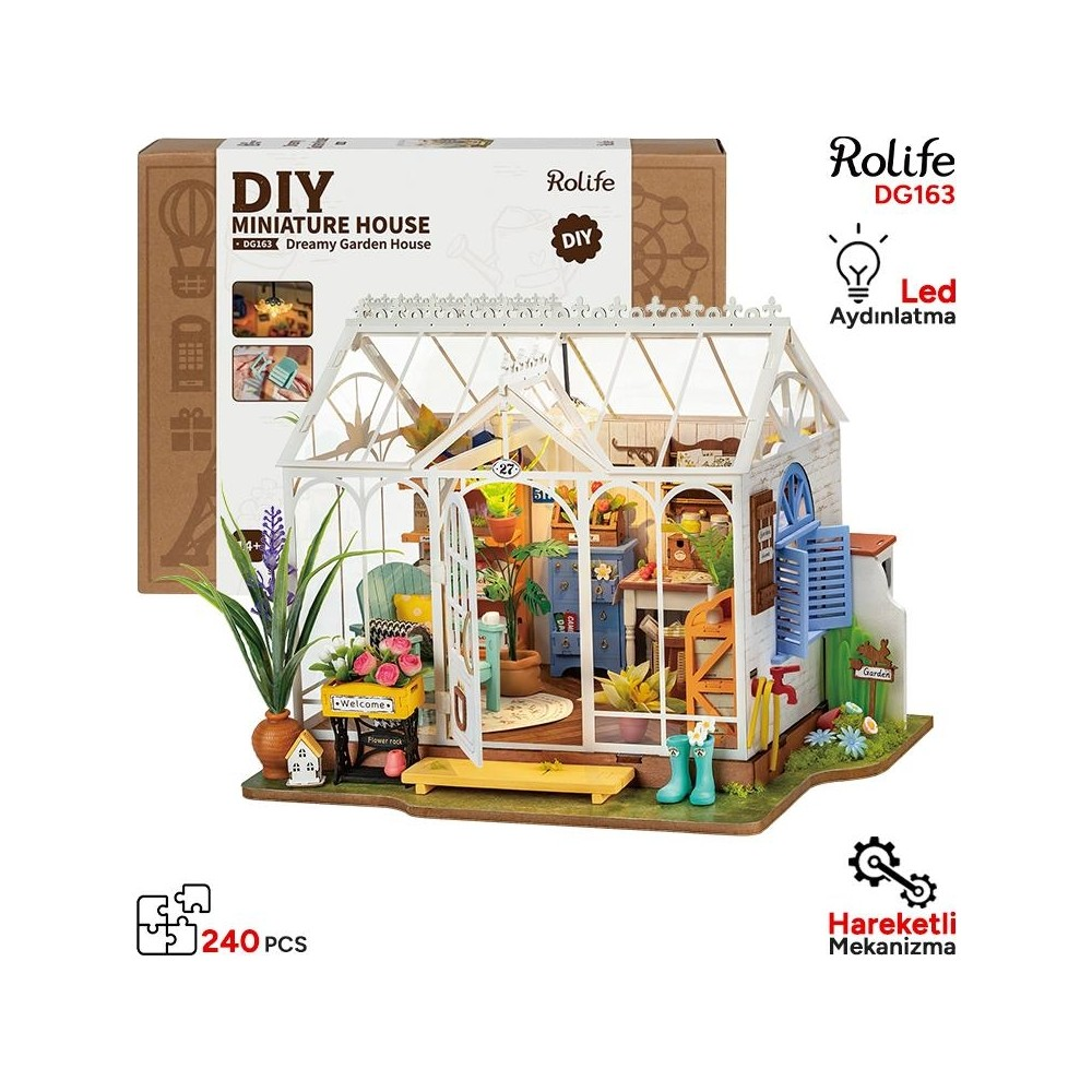 Bitkiler, mobilyalar ve LED aydınlatmalı DIY minyatür sera.