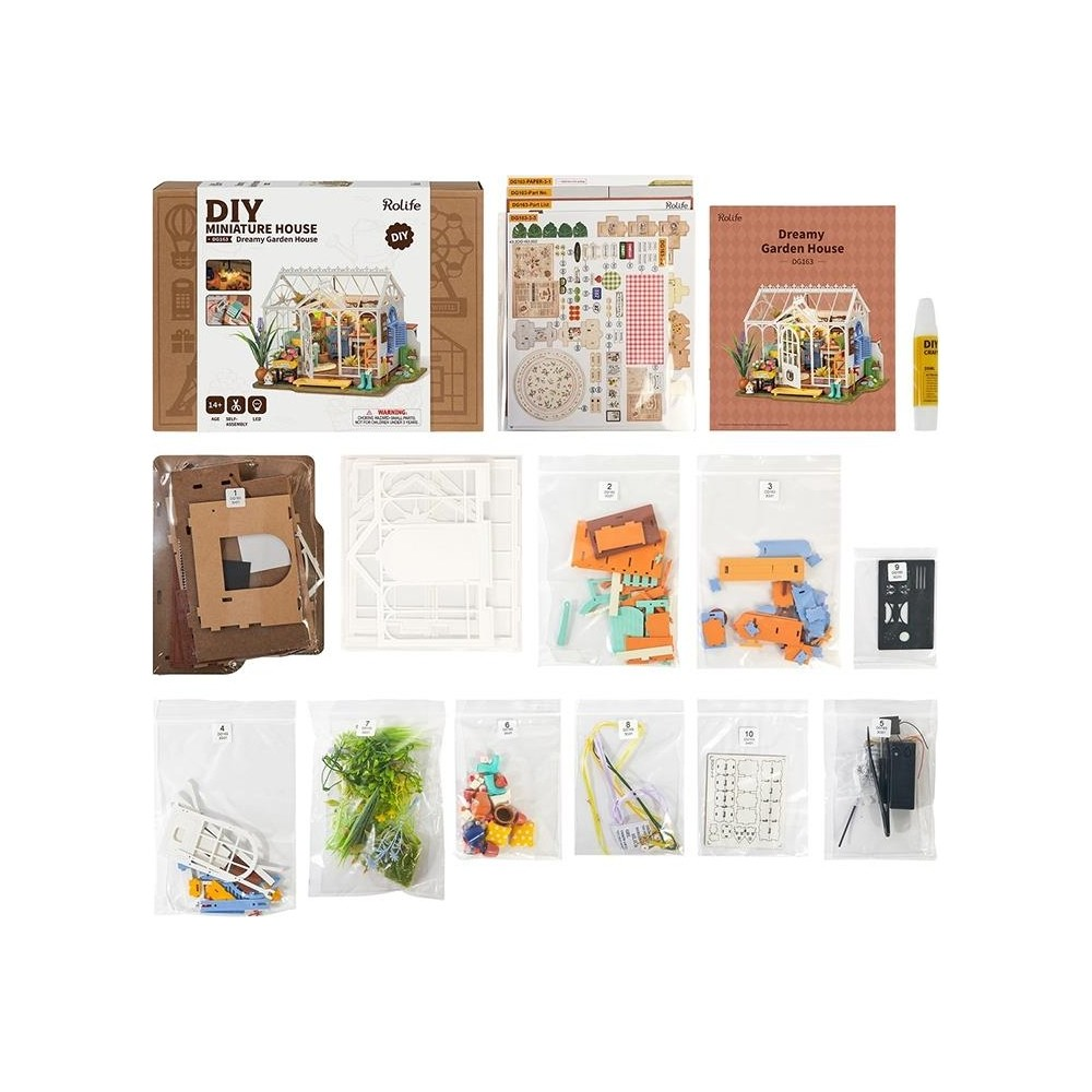 'Dreamy Garden House' DIY minyatür ev kiti, poşetlerde parçalarla.