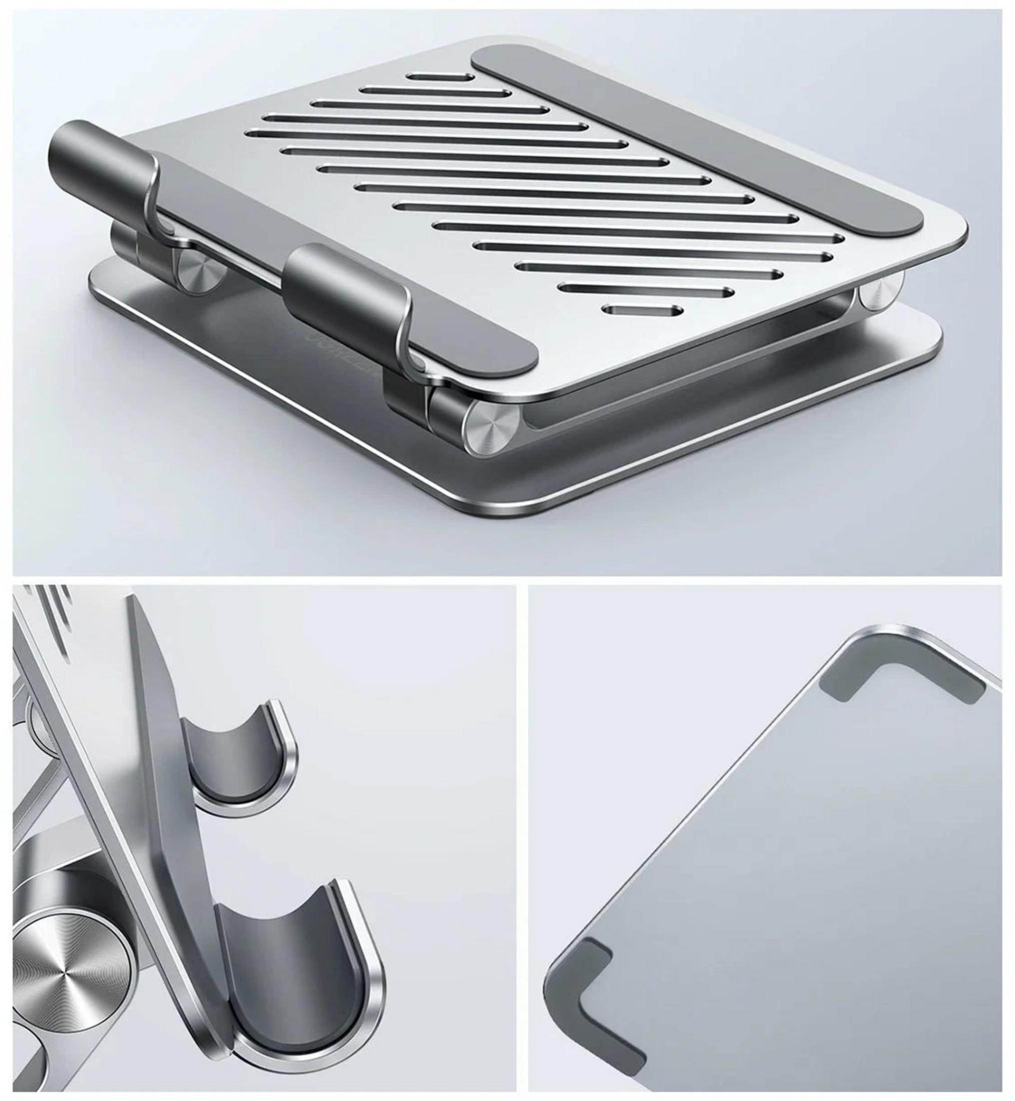 Un supporto per laptop in metallo argentato con fessure di ventilazione e piedini in gomma.