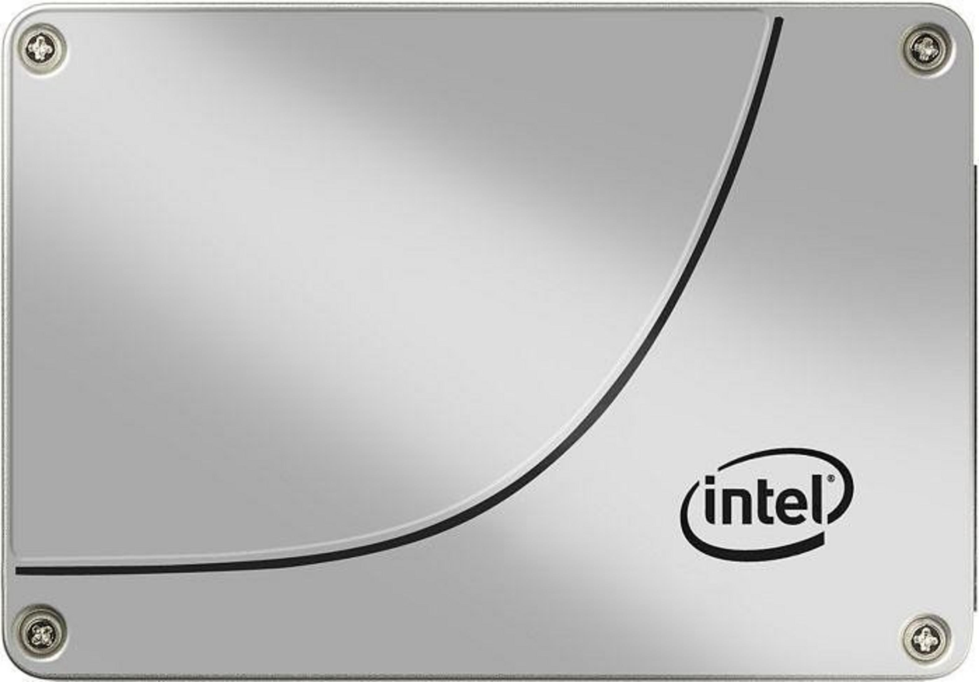 SSD Intel argentato con scritte nere e viti agli angoli.