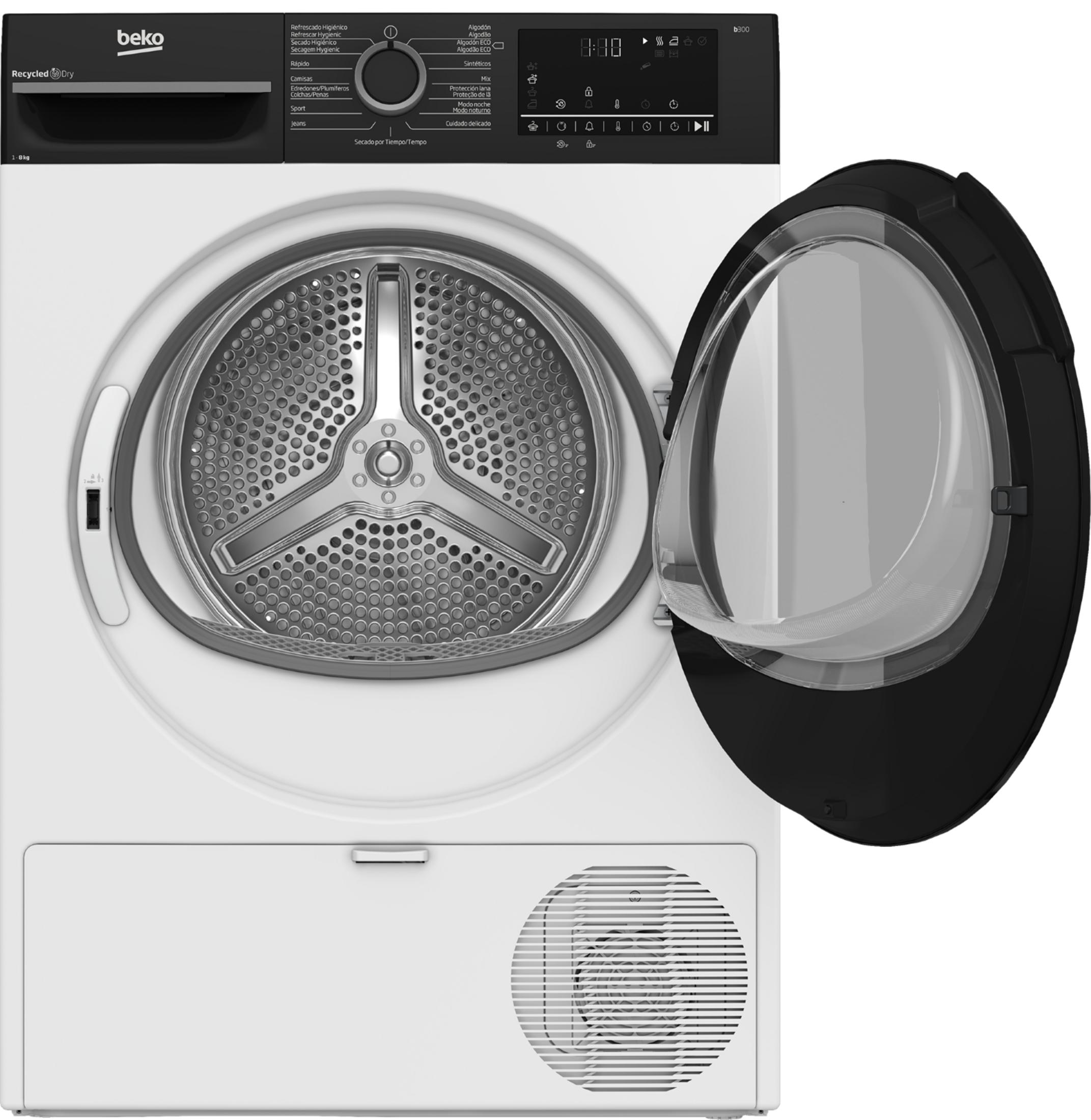 Un'asciugatrice Beko bianca con la porta nera aperta, che rivela un cestello argentato.