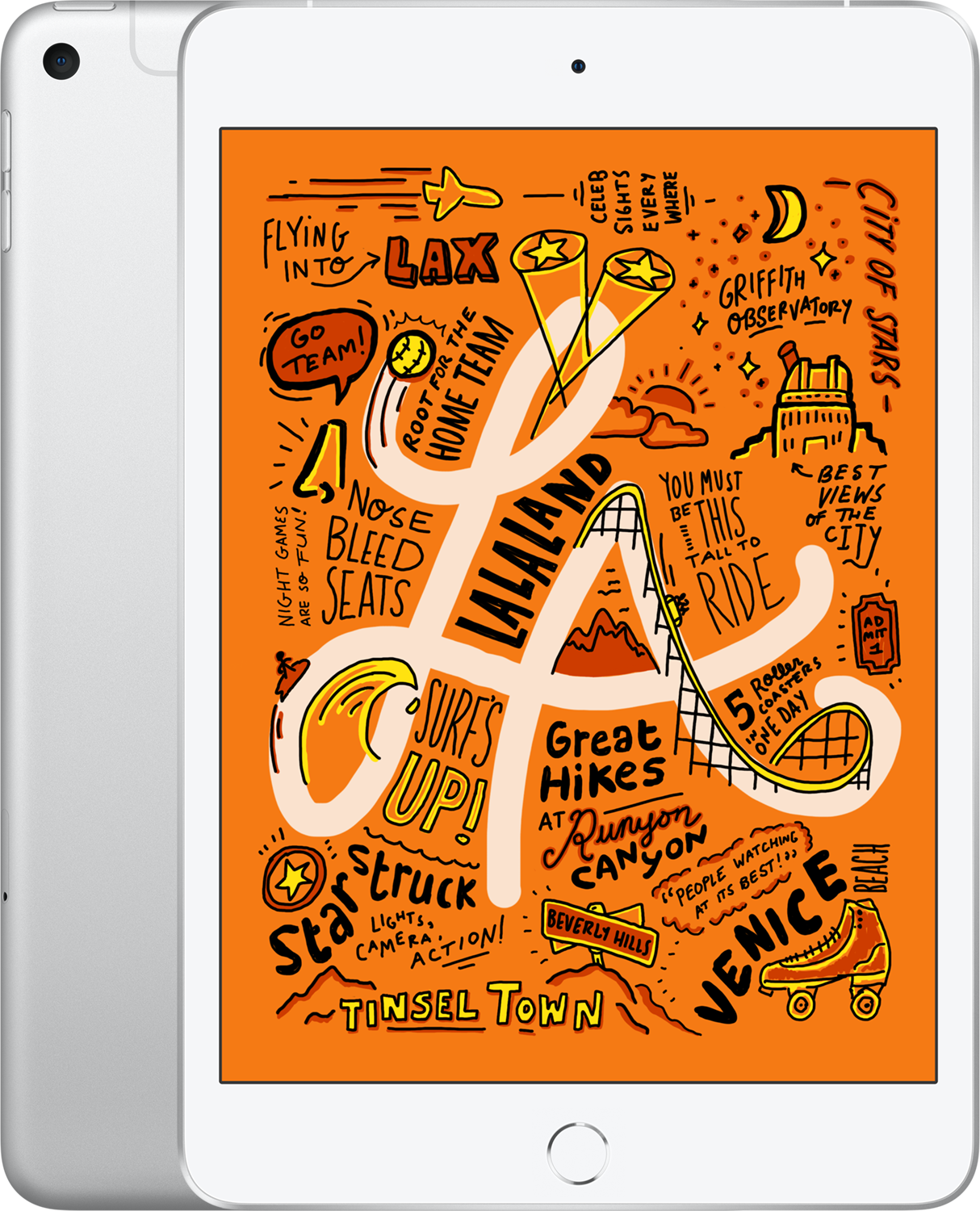 iPad mit einer bunten Illustration von Wahrzeichen und Sehenswürdigkeiten von Los Angeles.
