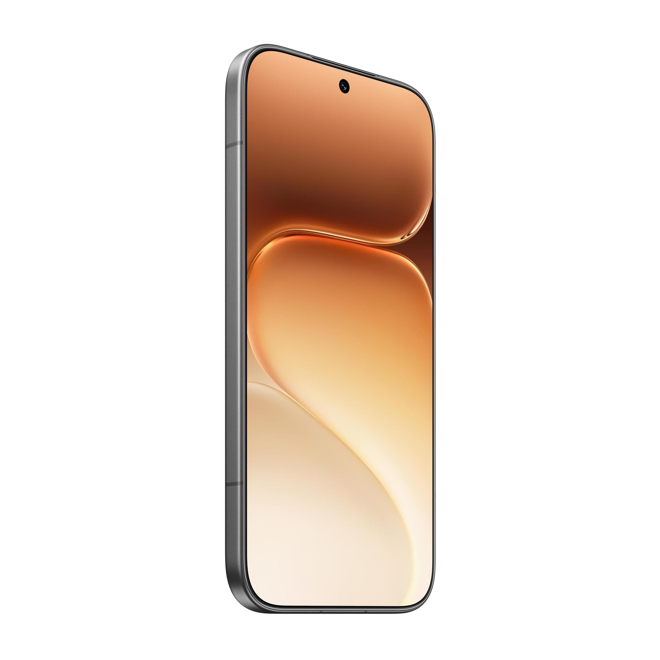 Ein silbernes Smartphone mit bronzefarbenem Display zeigt einen Farbverlauf warmer Farben.