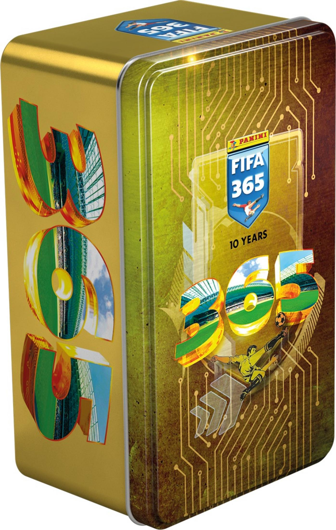 Goldene Panini FIFA 365 Sammeldose mit Fußballern und Circuit-Design.