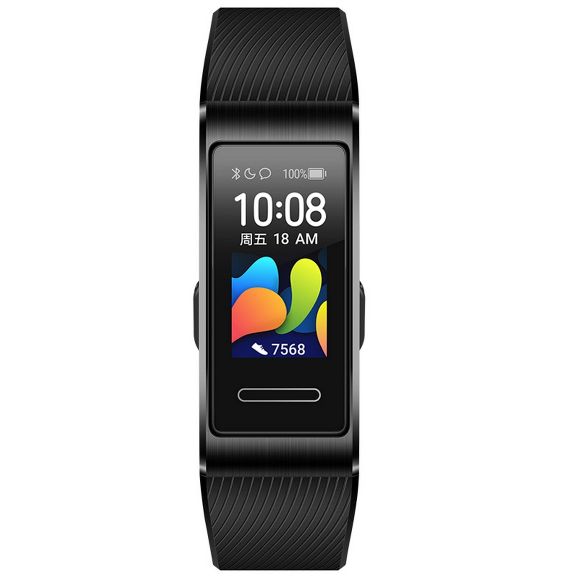 Schwarzes Fitnessarmband mit 10:08 Uhr, 100% Akku, Datum und Schrittzähler.