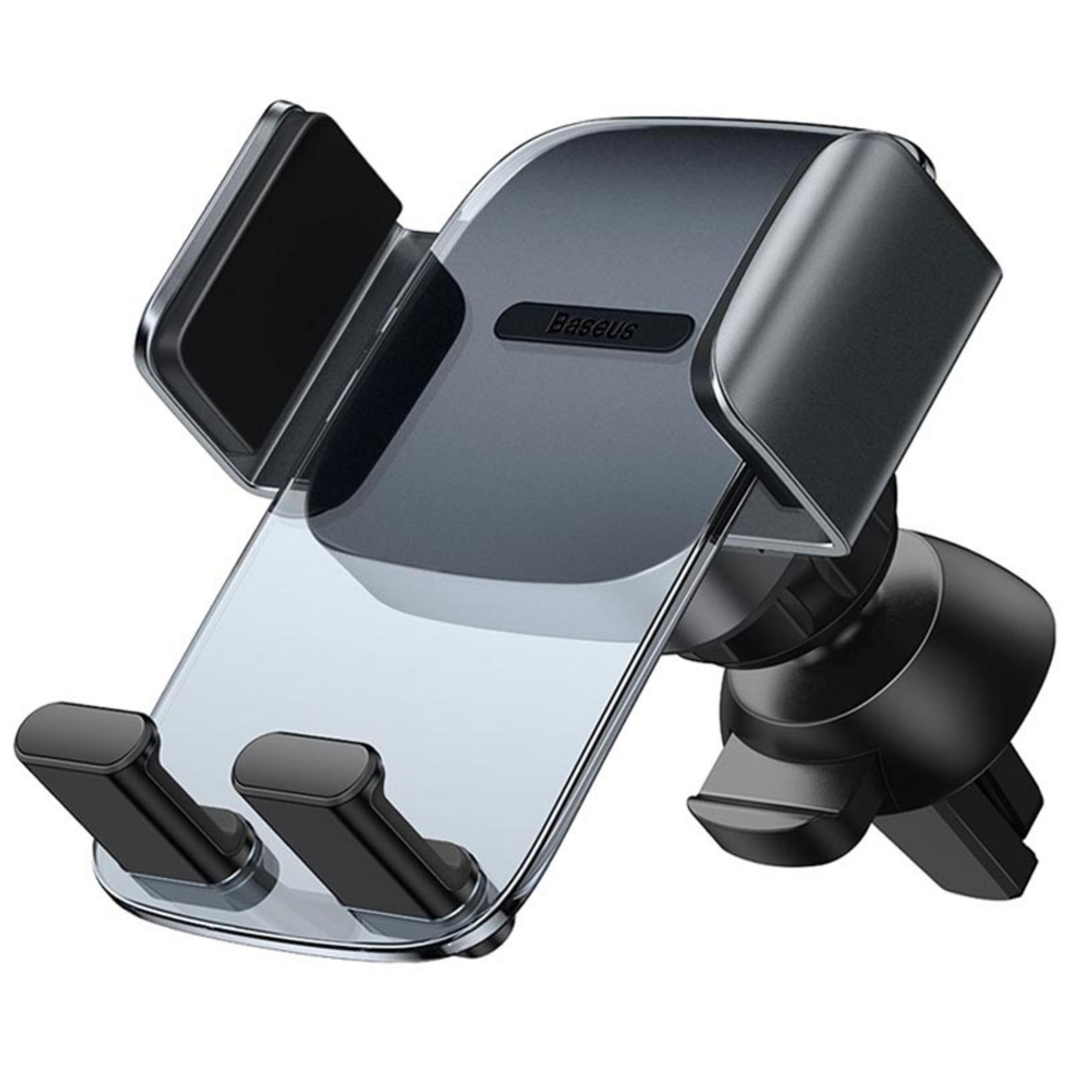 Un porta telefono per auto scuro in metallo e plastica con bracci regolabili.