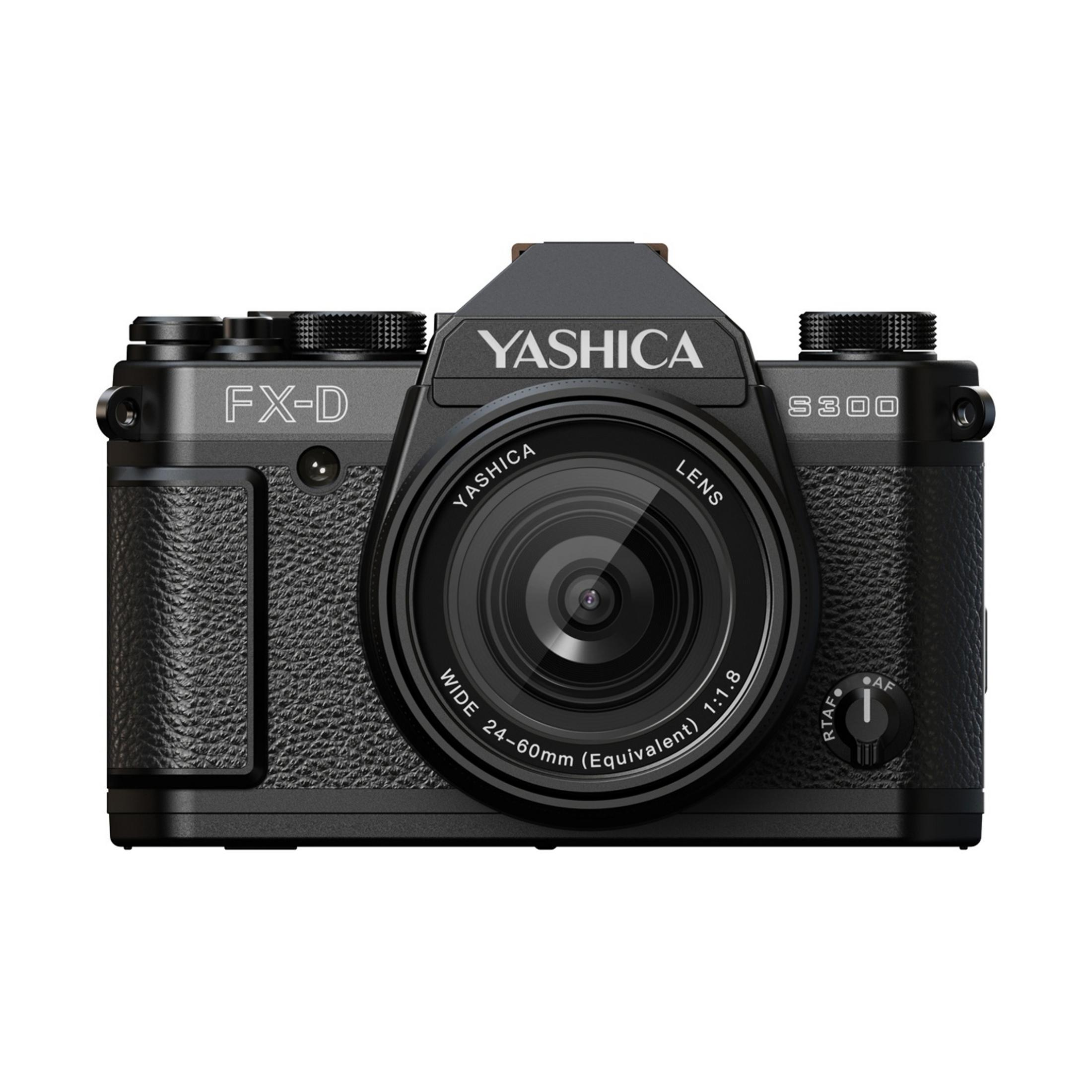 Eine schwarze Yashica FX-D S300 Kamera mit einem 24-60mm Objektiv.