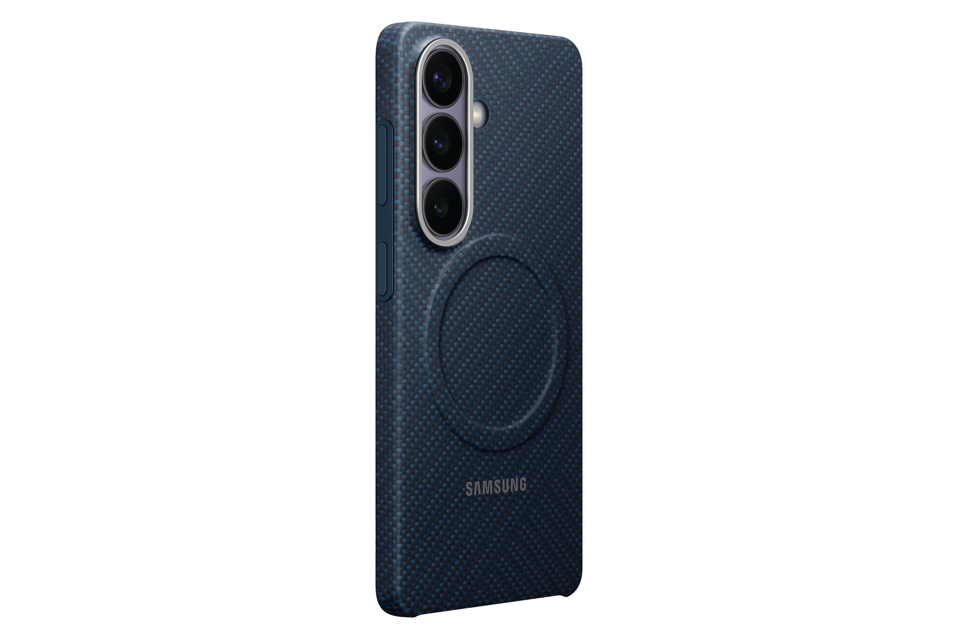Donkerblauw telefoonhoesje met camera's en Samsung logo.
