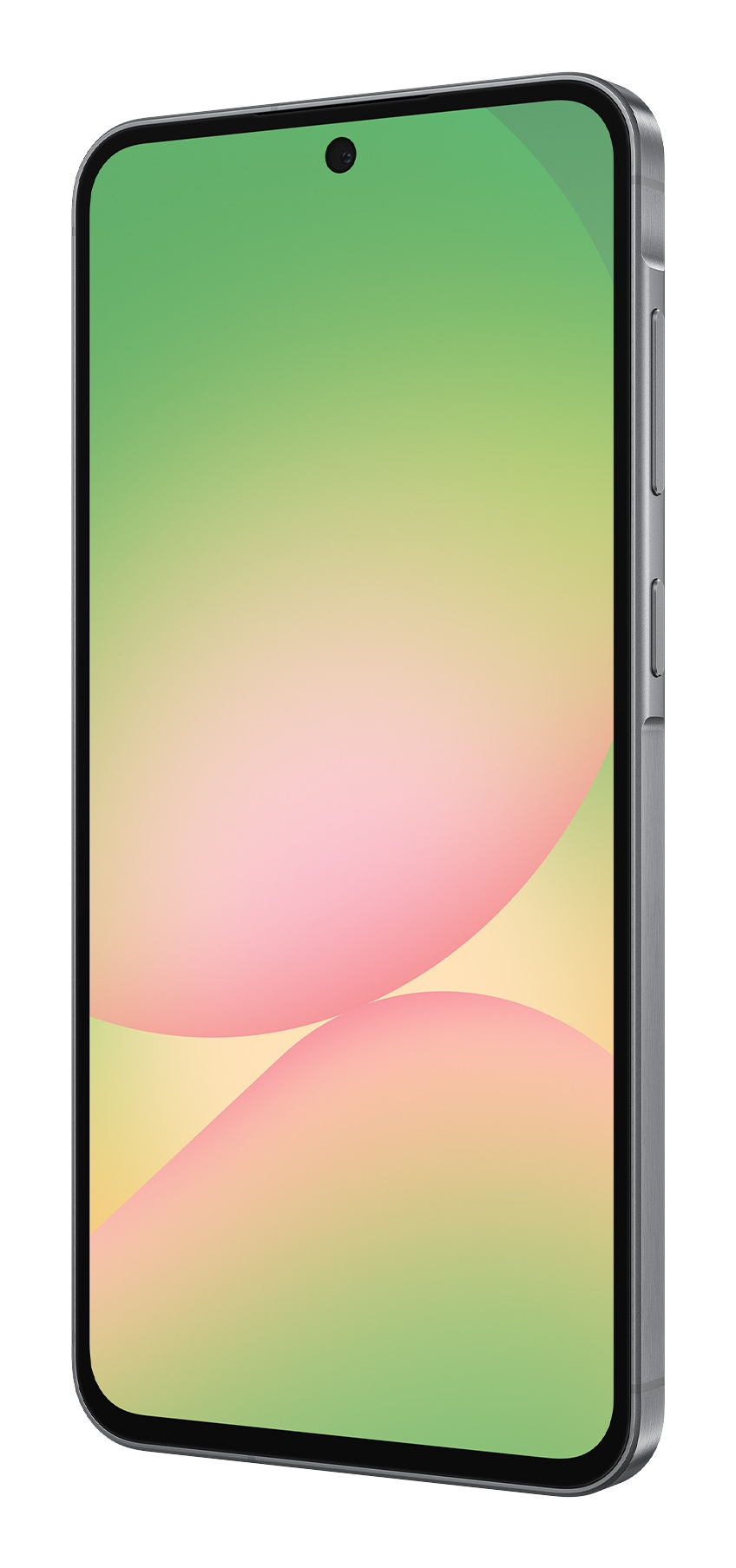 Cornice argentata di smartphone con un gradiente dal verde al rosa sullo schermo.