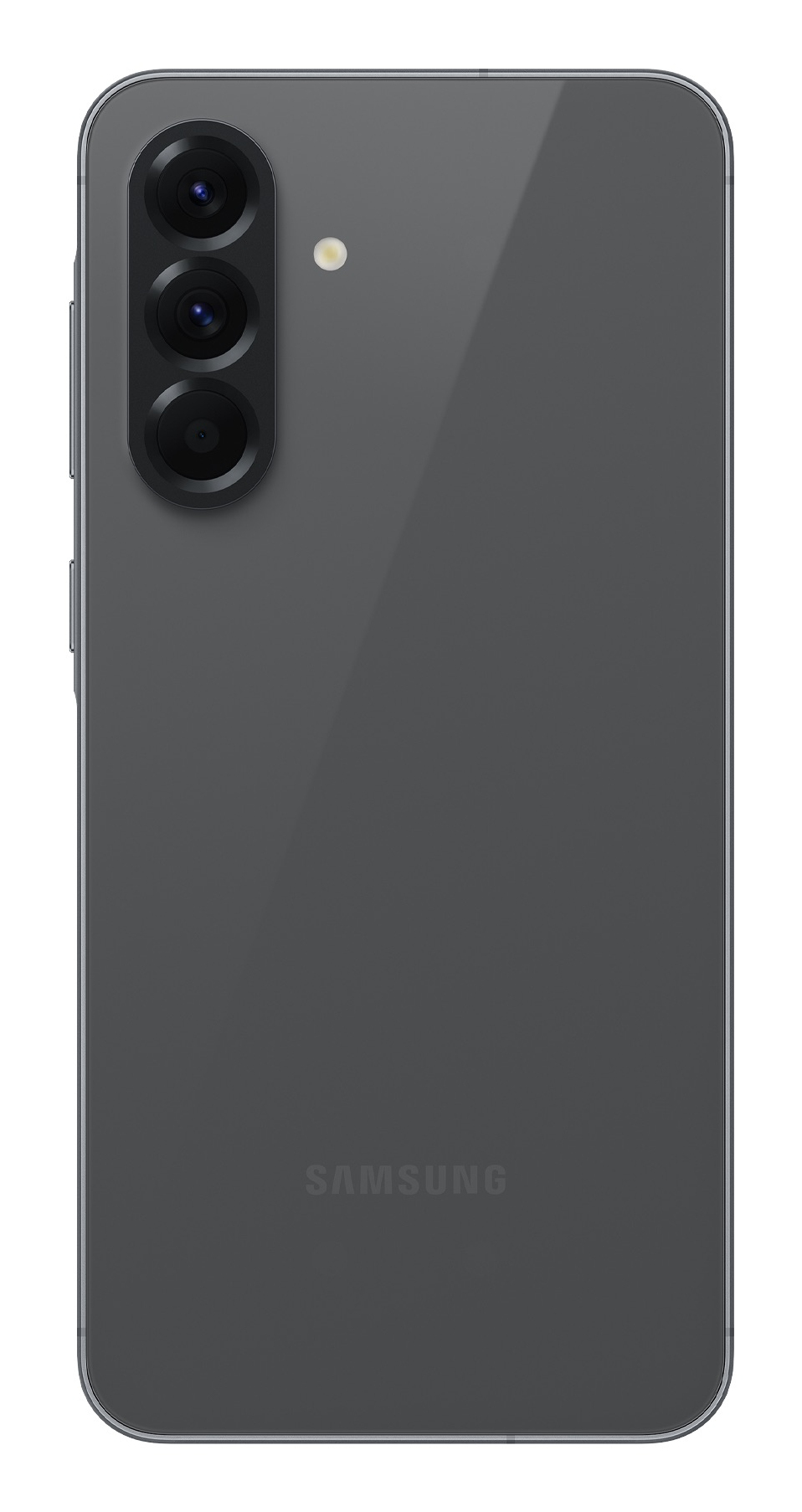 Smartphone grigio scuro con tre fotocamere posteriori e flash.