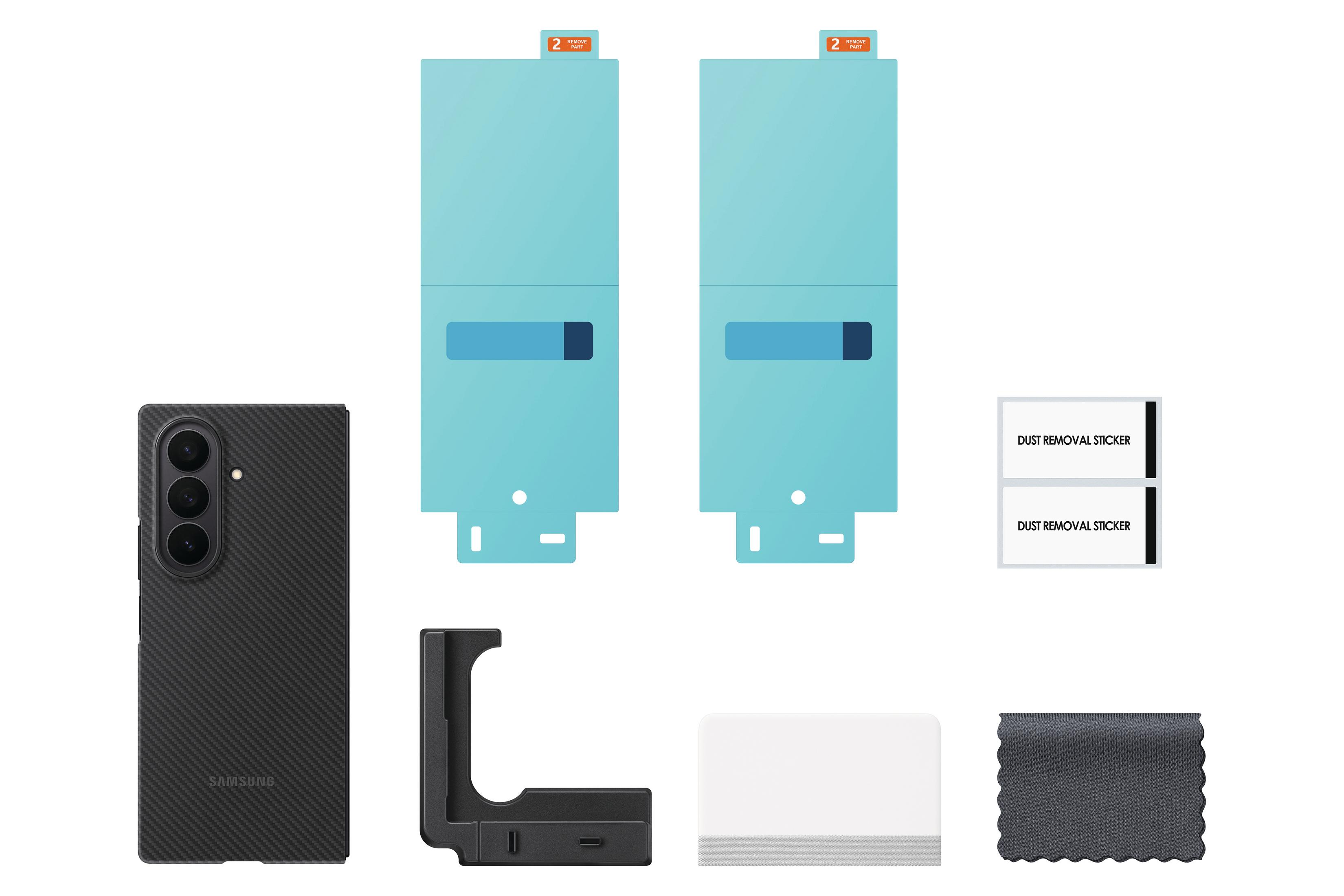 Cover nera per telefono, supporto di ricarica, due protezioni schermo blu e adesivi antipolvere.
