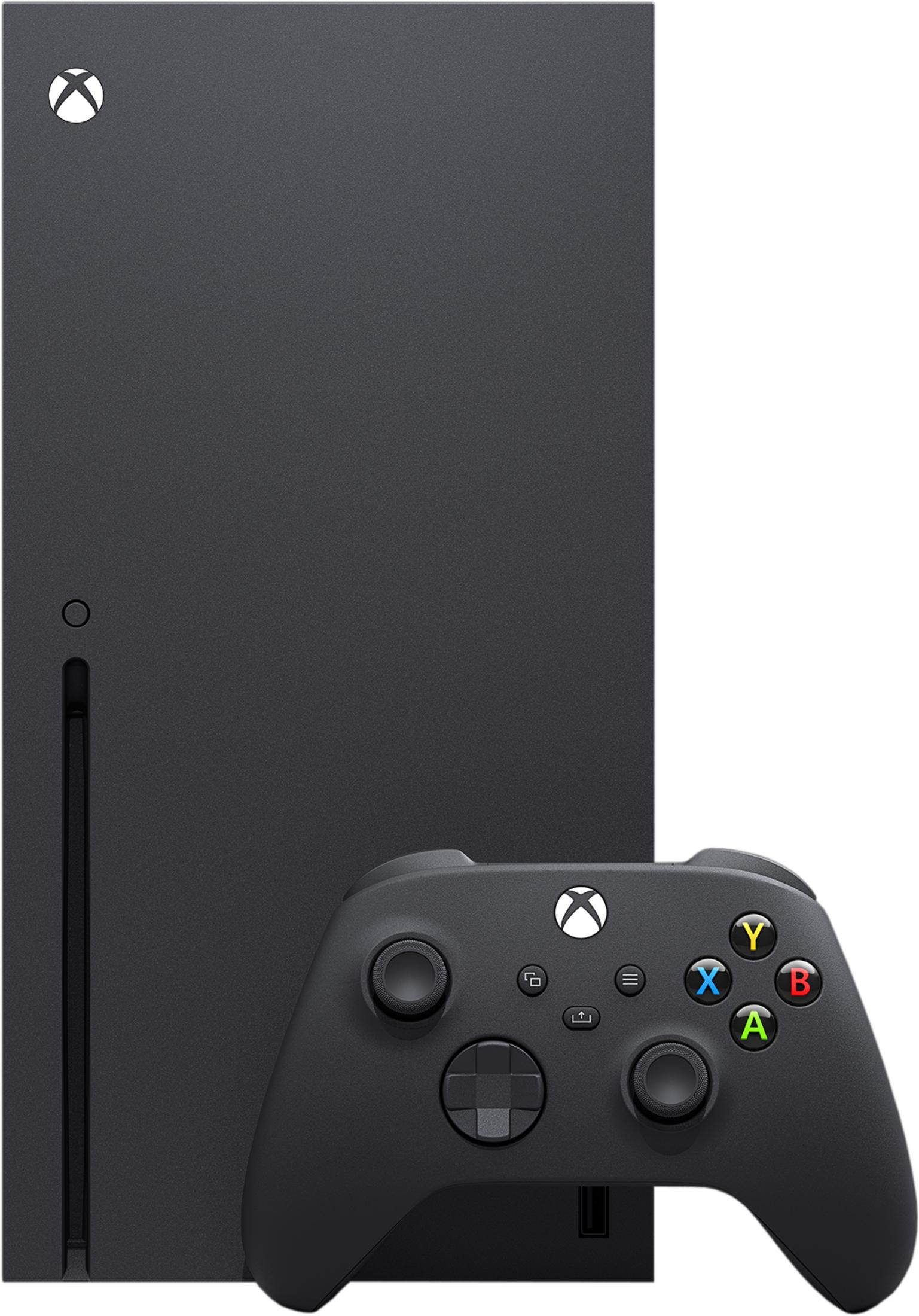 Una console Xbox Series X nera con controller, su sfondo bianco.