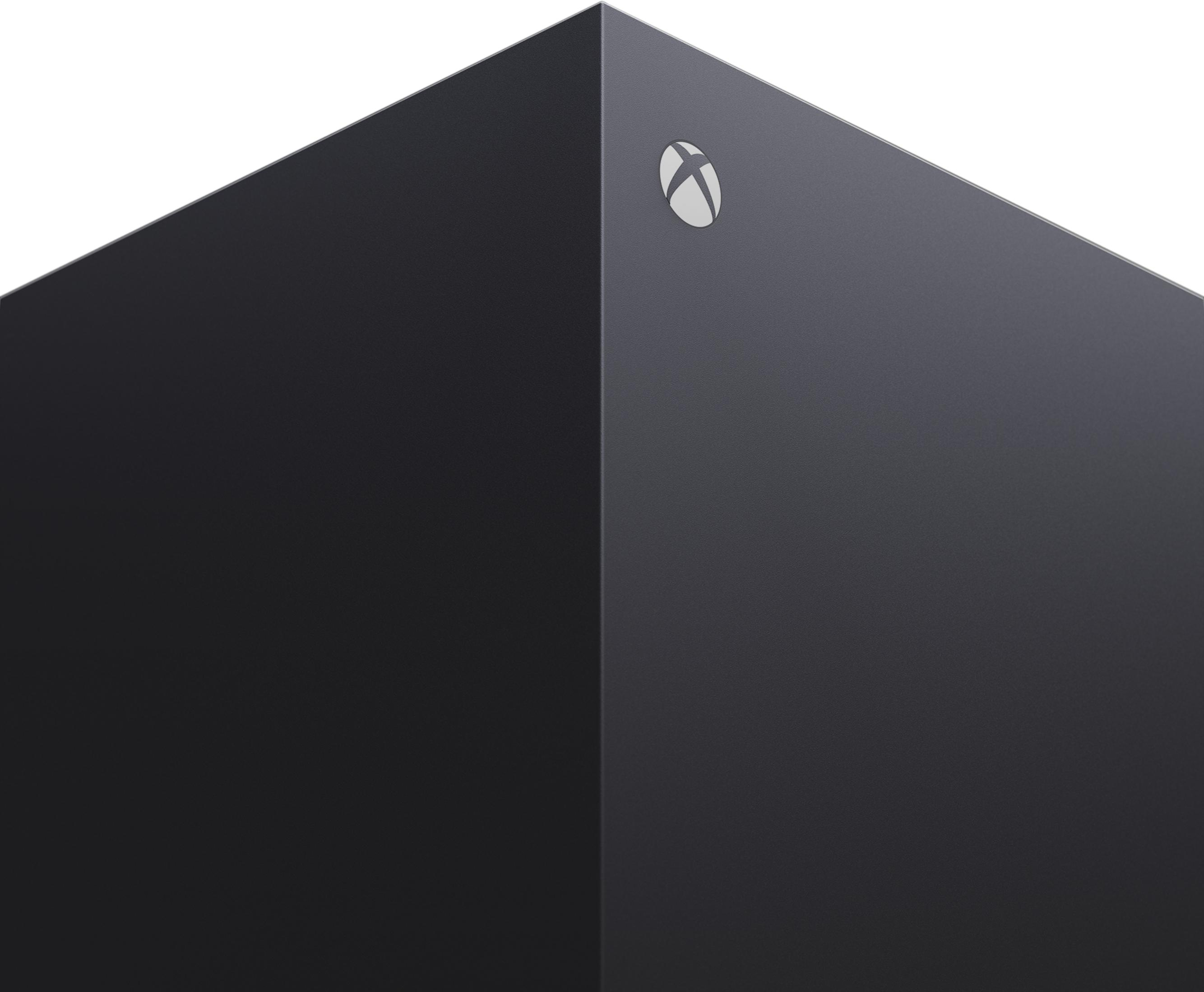 Un primo piano di una console Xbox Series X nera con il logo Xbox.