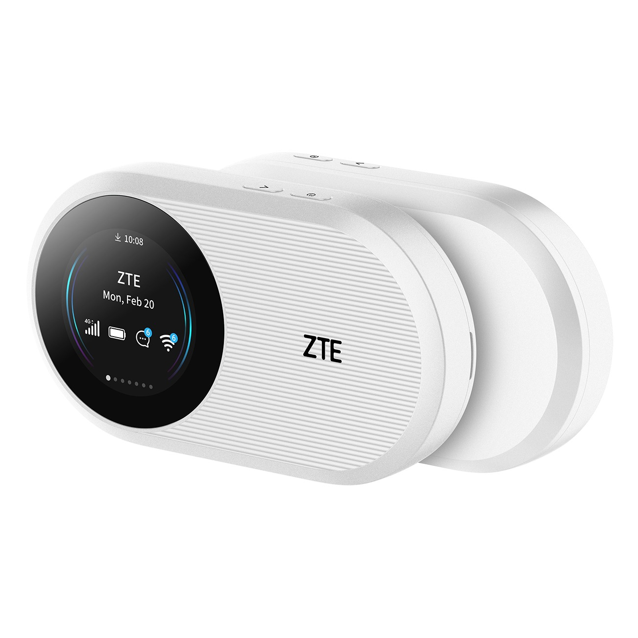 Ein weißer ZTE-Mobilfunk-Hotspot mit einem Touchscreen, der Uhrzeit und Datum anzeigt.
