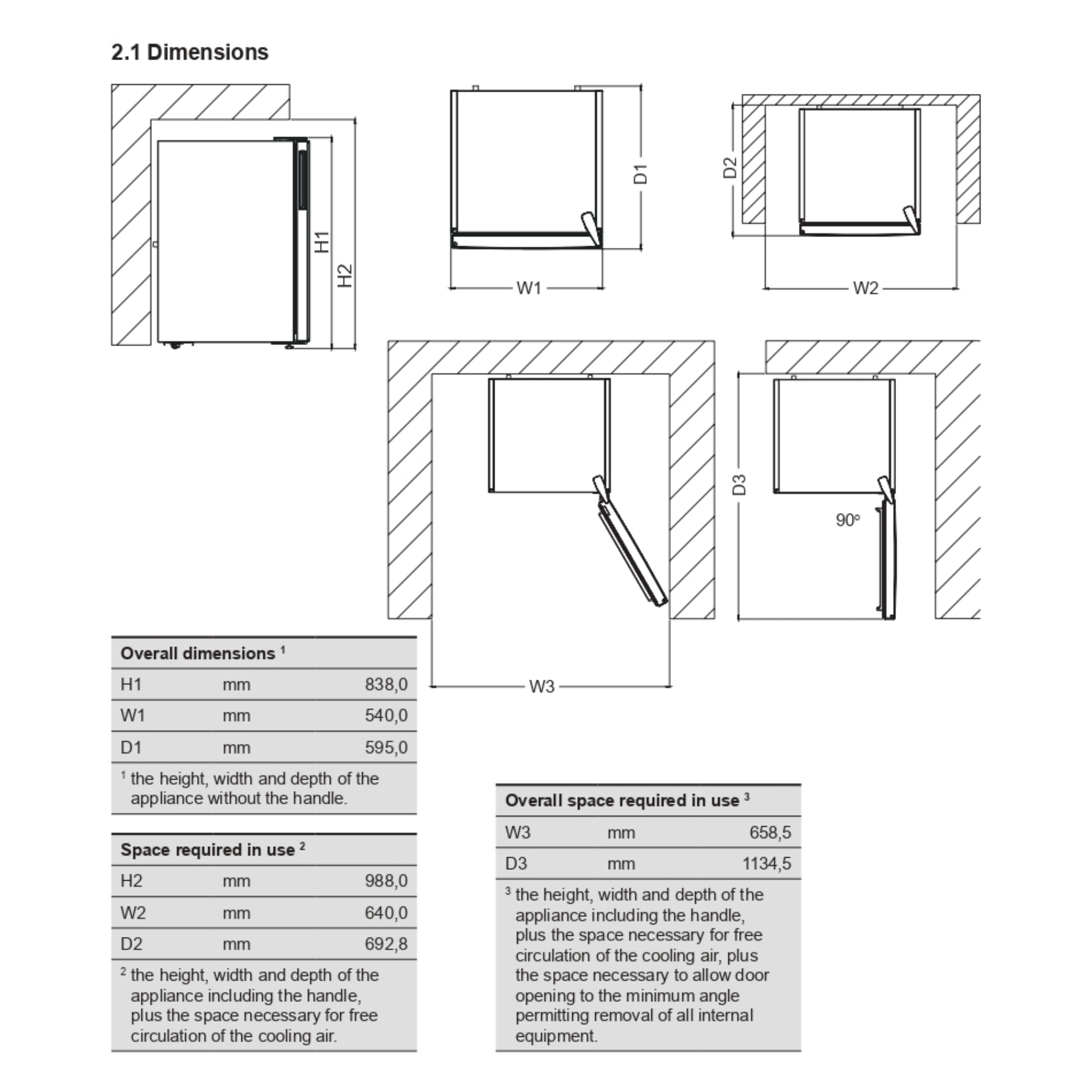 Diagramme zeigen Gerätemaße und Platzbedarf in mm. Tabellen listen H1, W1, D1, H2, W2, D2, W3, D3.