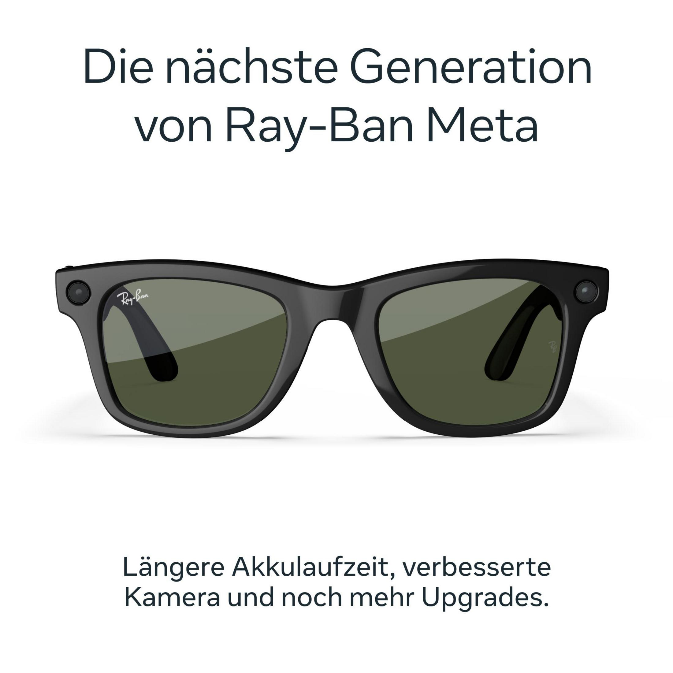 Occhiali Ray-Ban Meta neri con lenti verdi, fotocamera e testo.