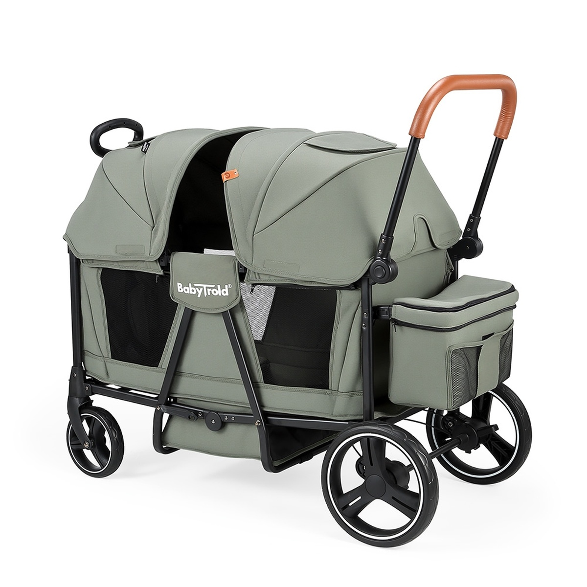 Ein zweisitziger, olivgrüner Kinderwagen mit braunem Griff und schwarzen Rädern.
