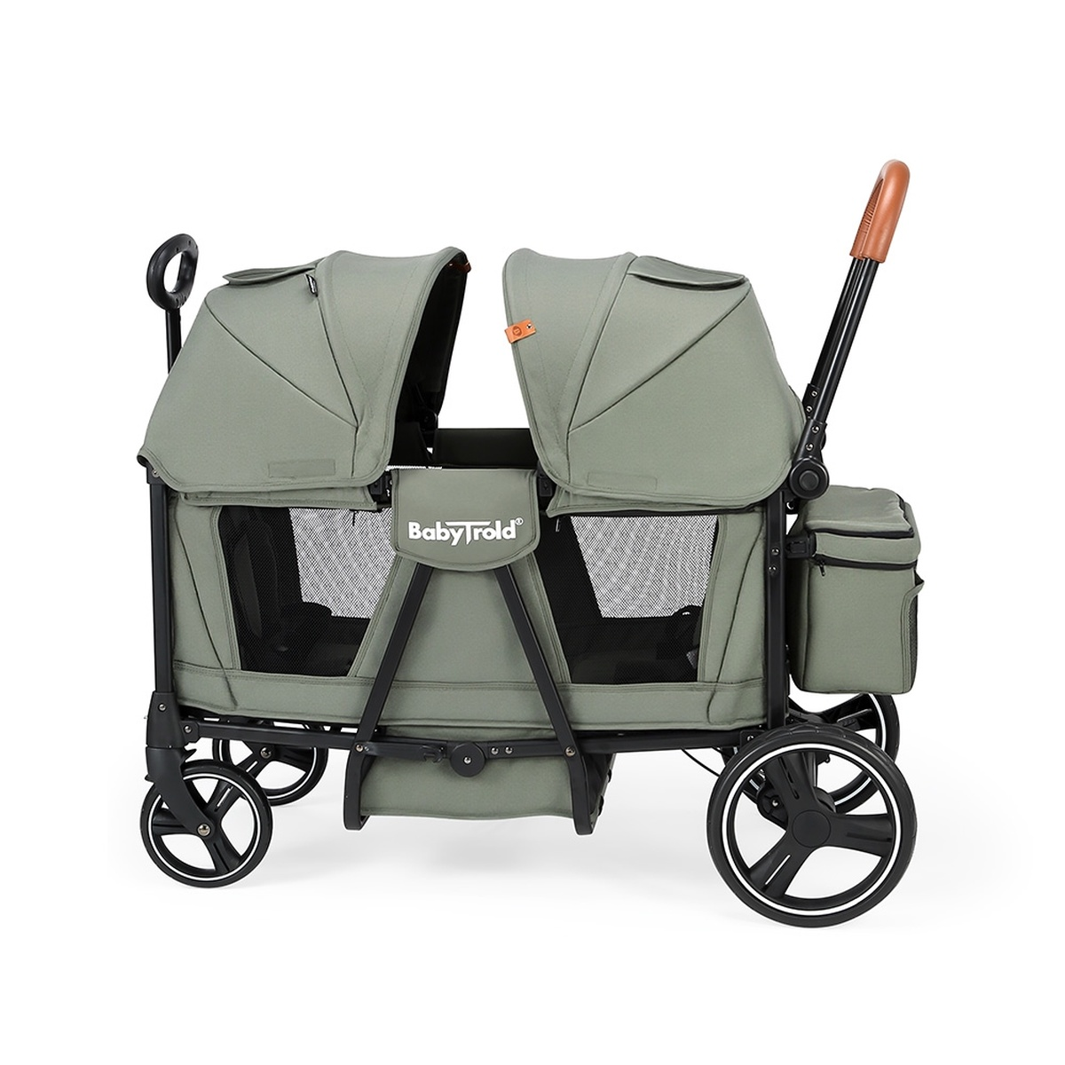 Ein salbeigrüner Doppel-Kinderwagen mit Netzfenstern und braunem Griff.