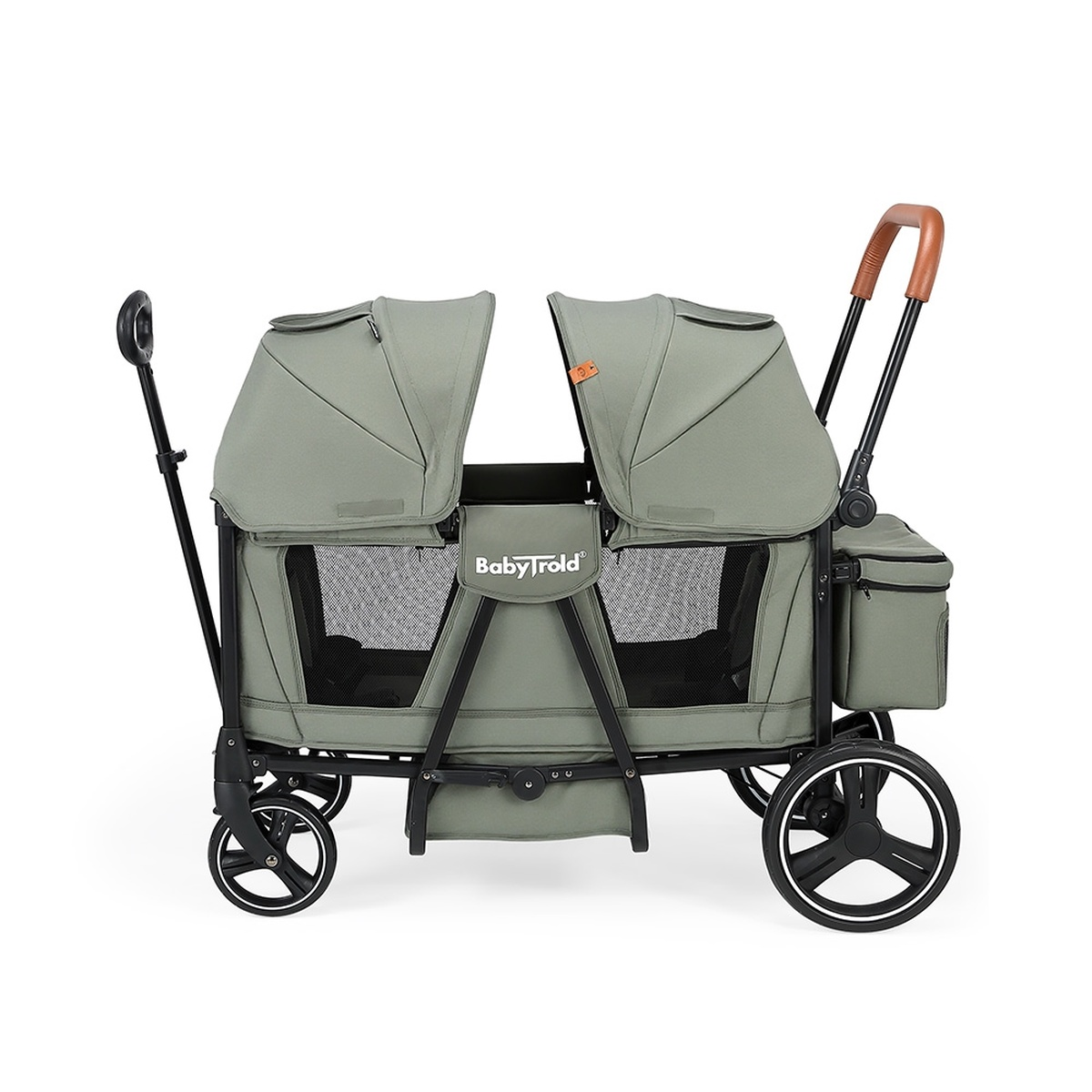 Ein zweisitziger, grauer Kinderwagen mit Sonnendächern und braunem Griff.