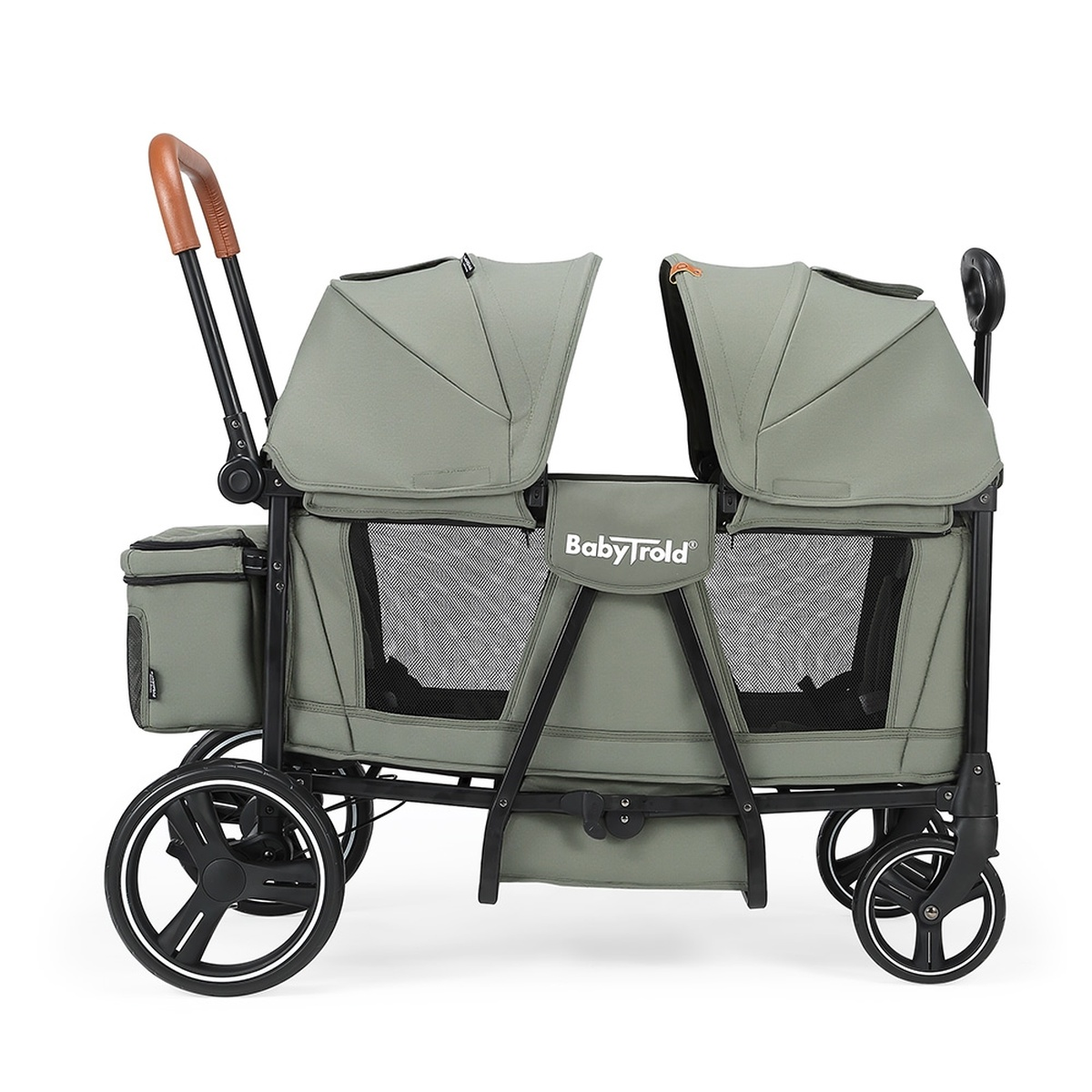Grauer Zwillingskinderwagen mit braunem Griff und Netzfenstern.