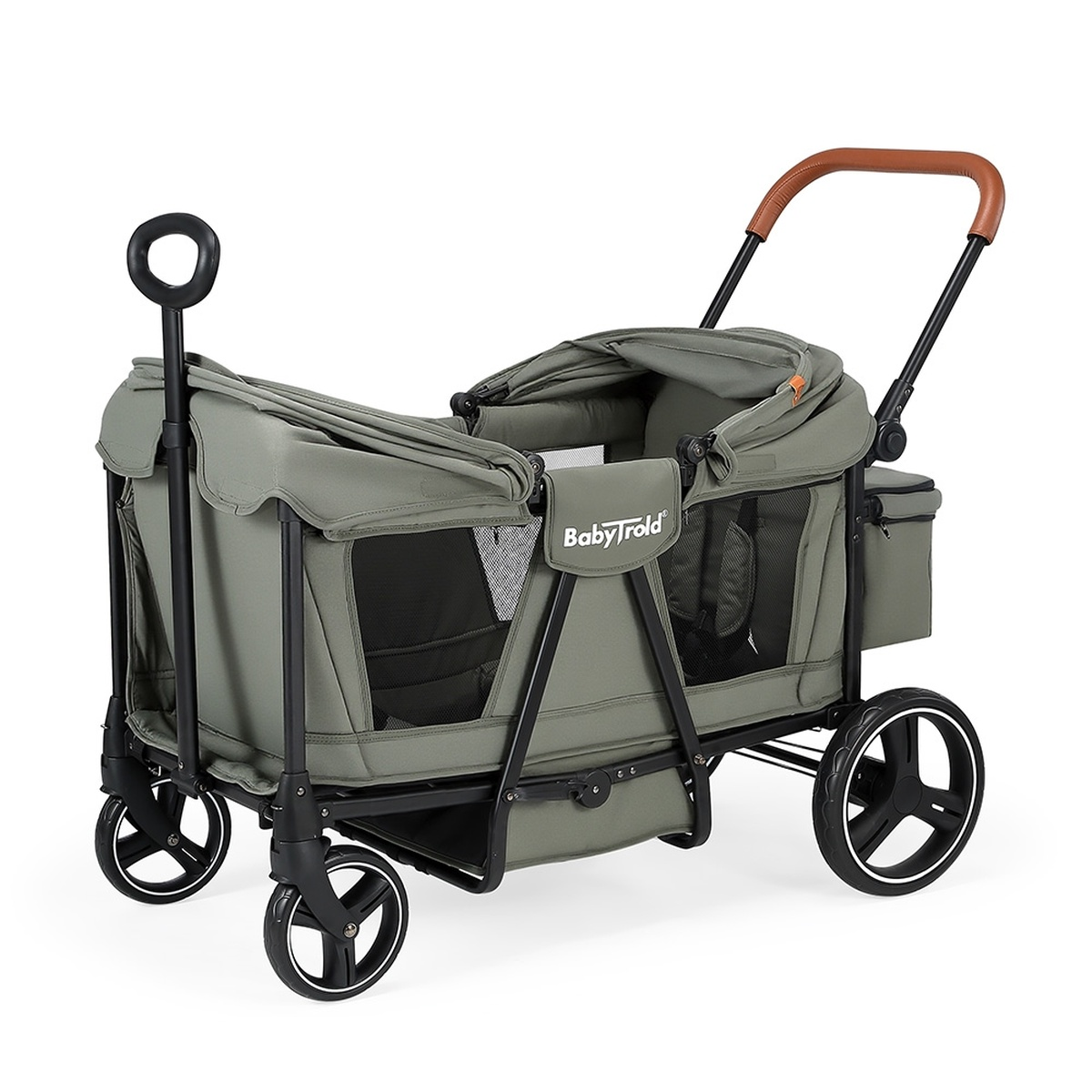 Ein grauer Kinderwagen für Haustiere mit Netzfenstern und braunem Griff.