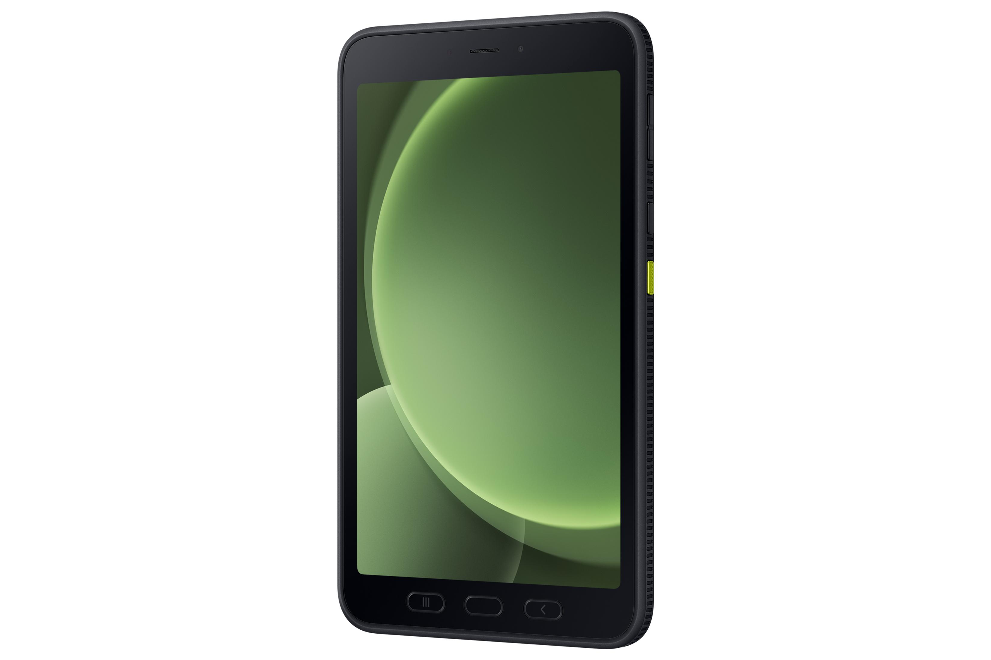 Un smartphone negro que muestra un fondo de pantalla abstracto verde.