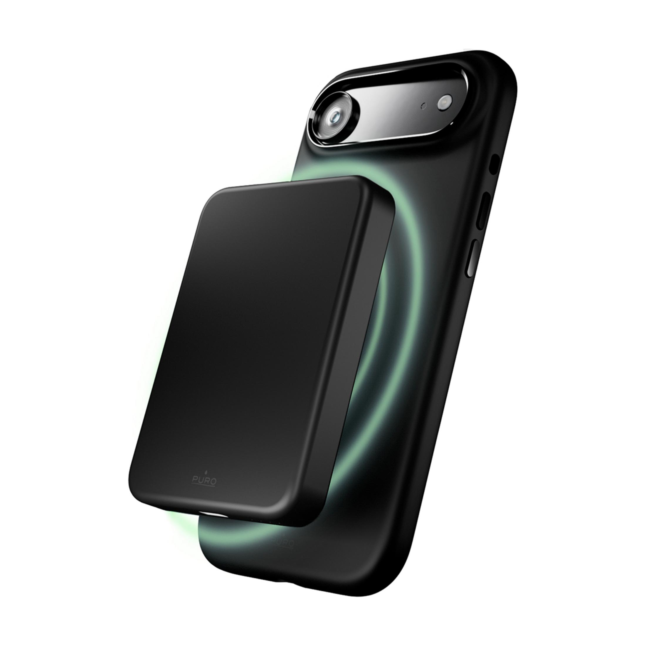Schwarzes Smartphone mit angebrachtem Ladeakku, umgeben von einem grünen Lichtkreis.