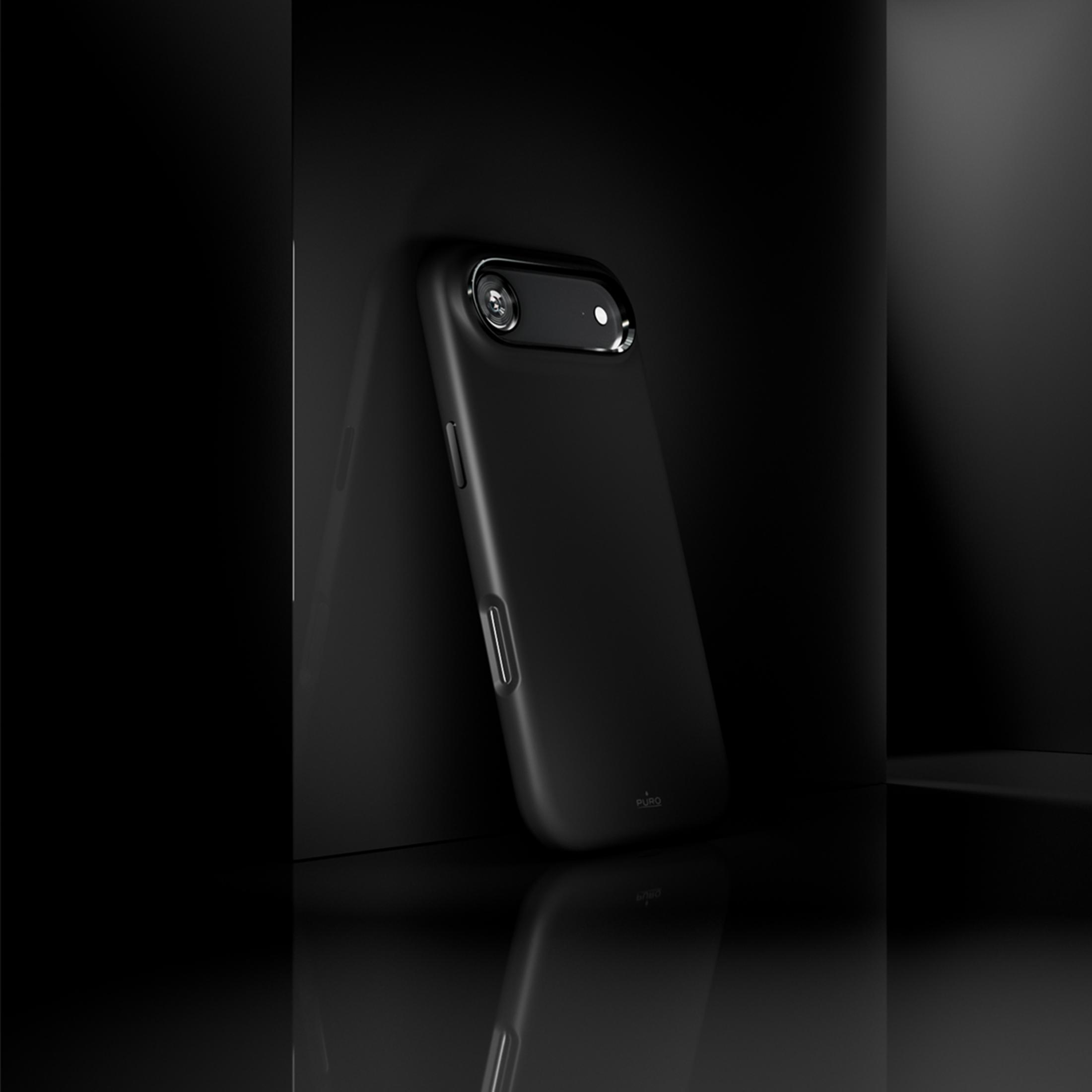 Schwarze Handyhülle mit Kameraausschnitt und reflektierender Oberfläche.