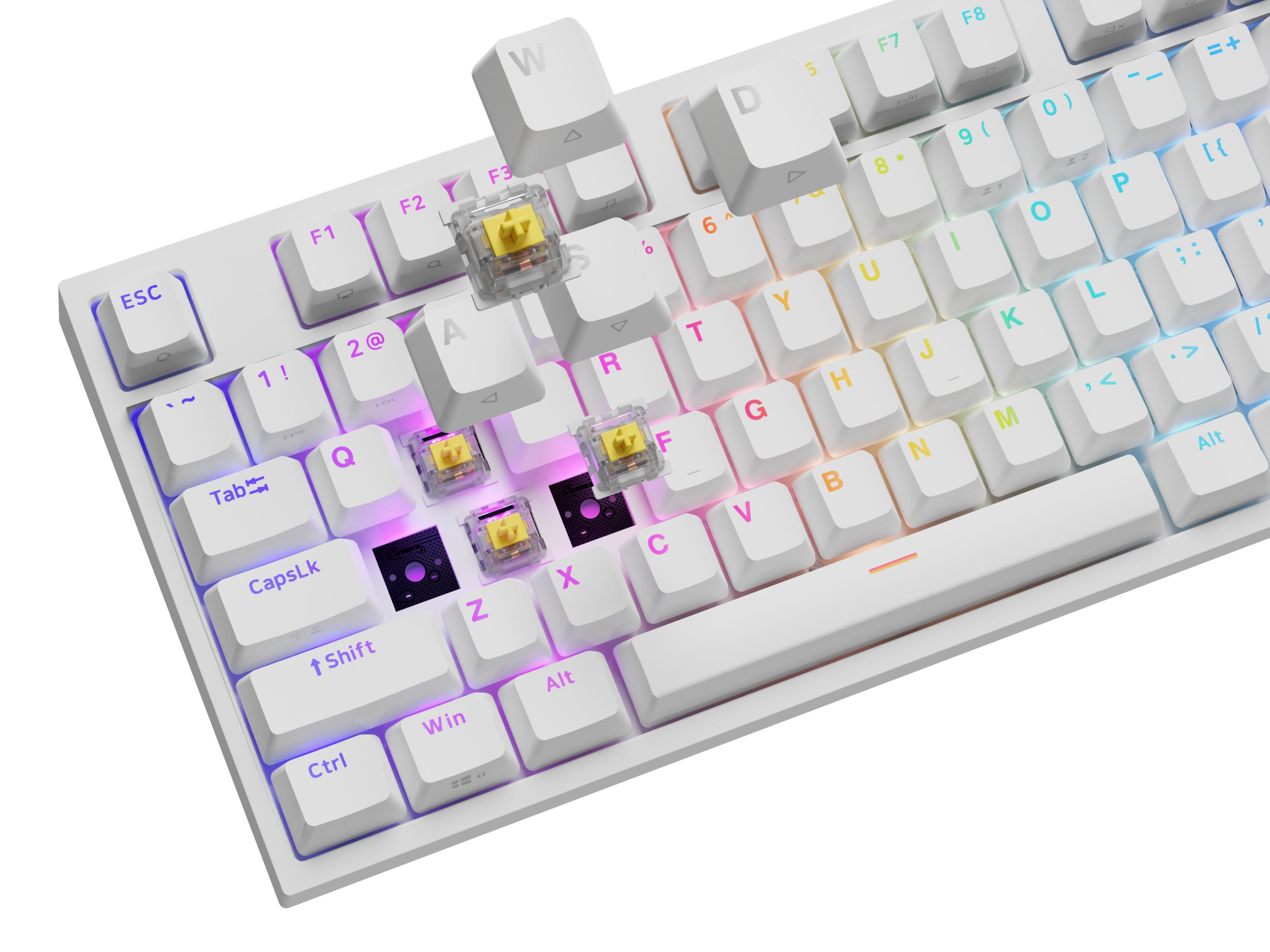 Tastiera bianca con illuminazione RGB e interruttori gialli visibili.