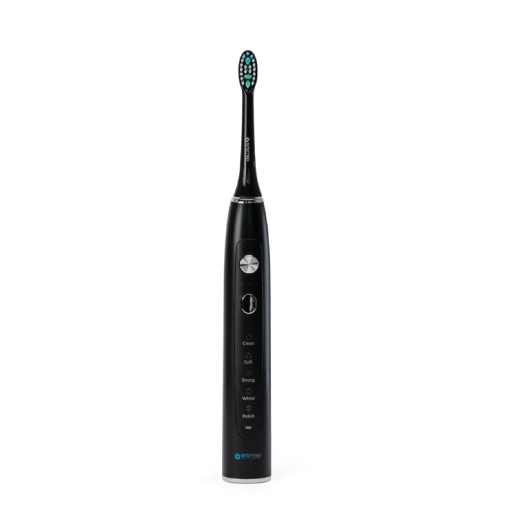 Spazzolino elettrico nero con setole blu e modalità multiple.