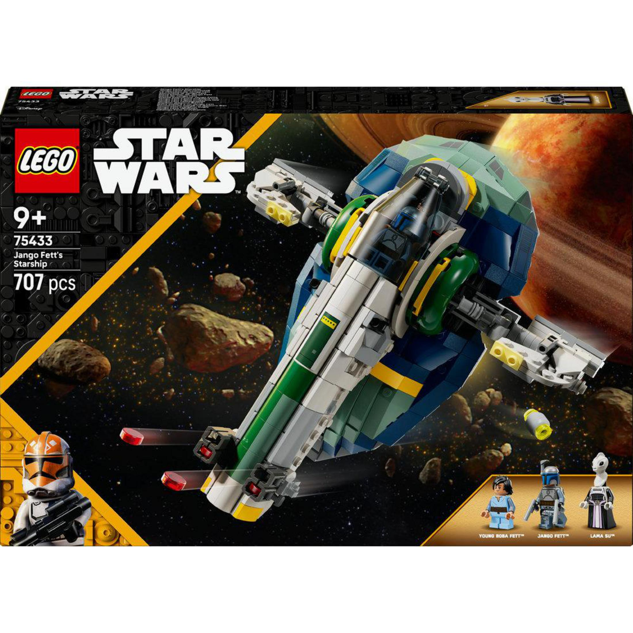 Arte de caja de la Nave de Jango Fett de LEGO Star Wars con nave, minifiguras y fondo espacial.