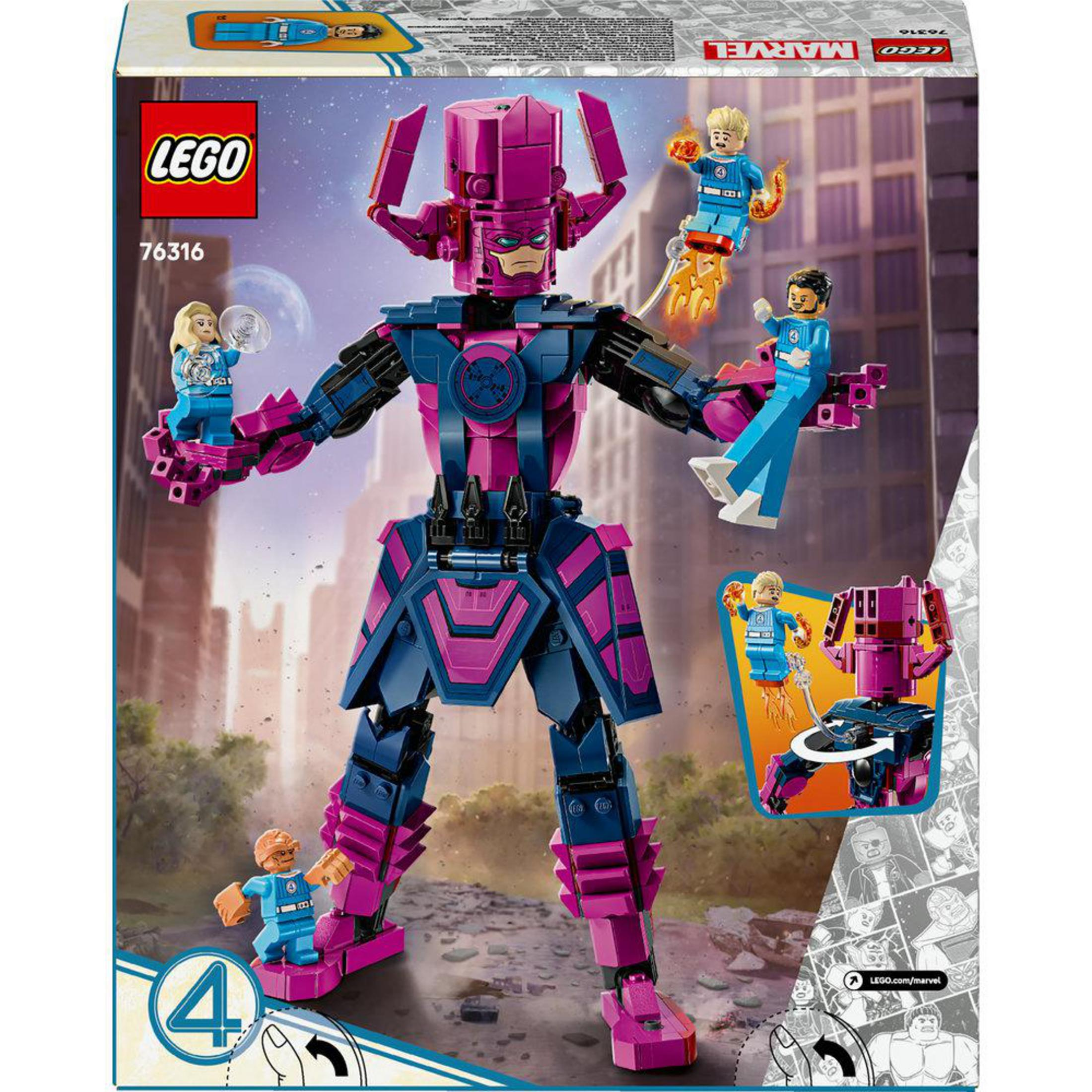 Figurka LEGO Galactusa z 3 minifigurkami, na tle miasta.