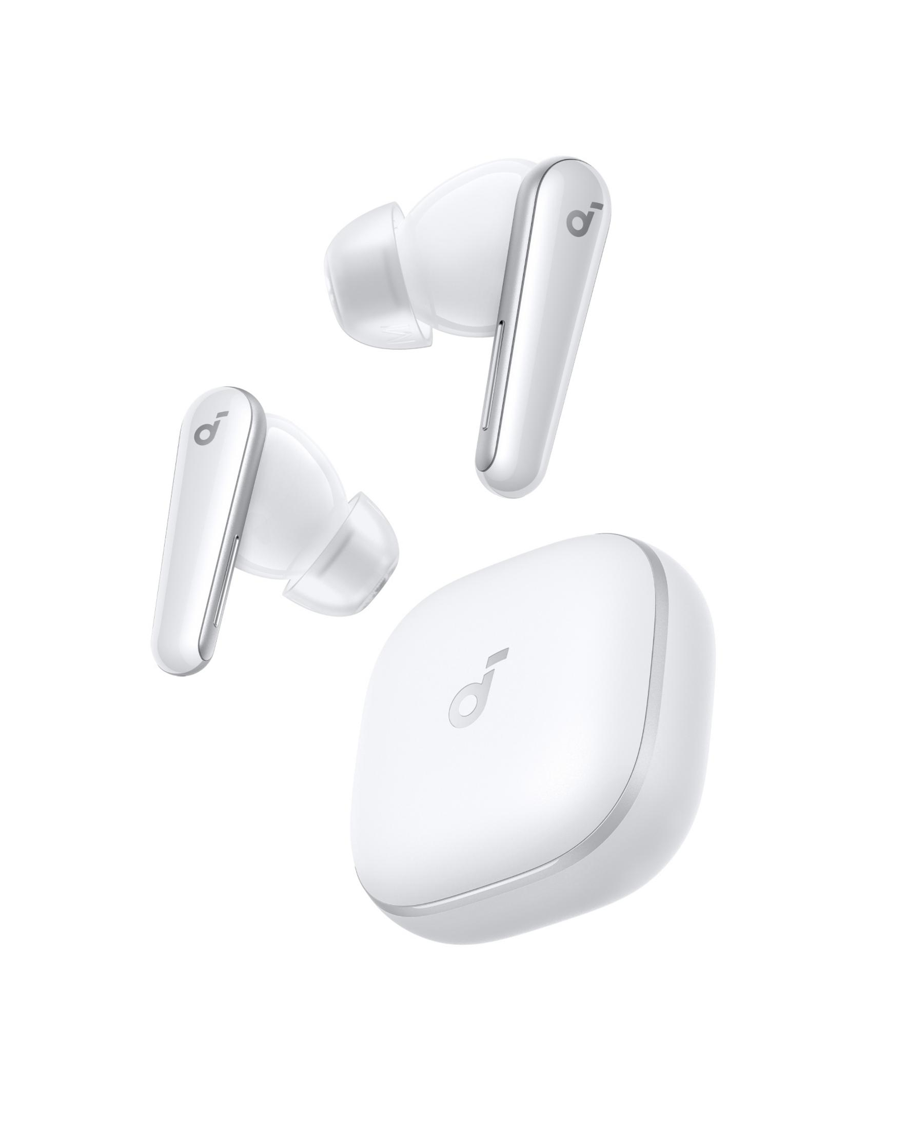 Auricolari bianchi wireless e custodia di ricarica con accenti argentati.