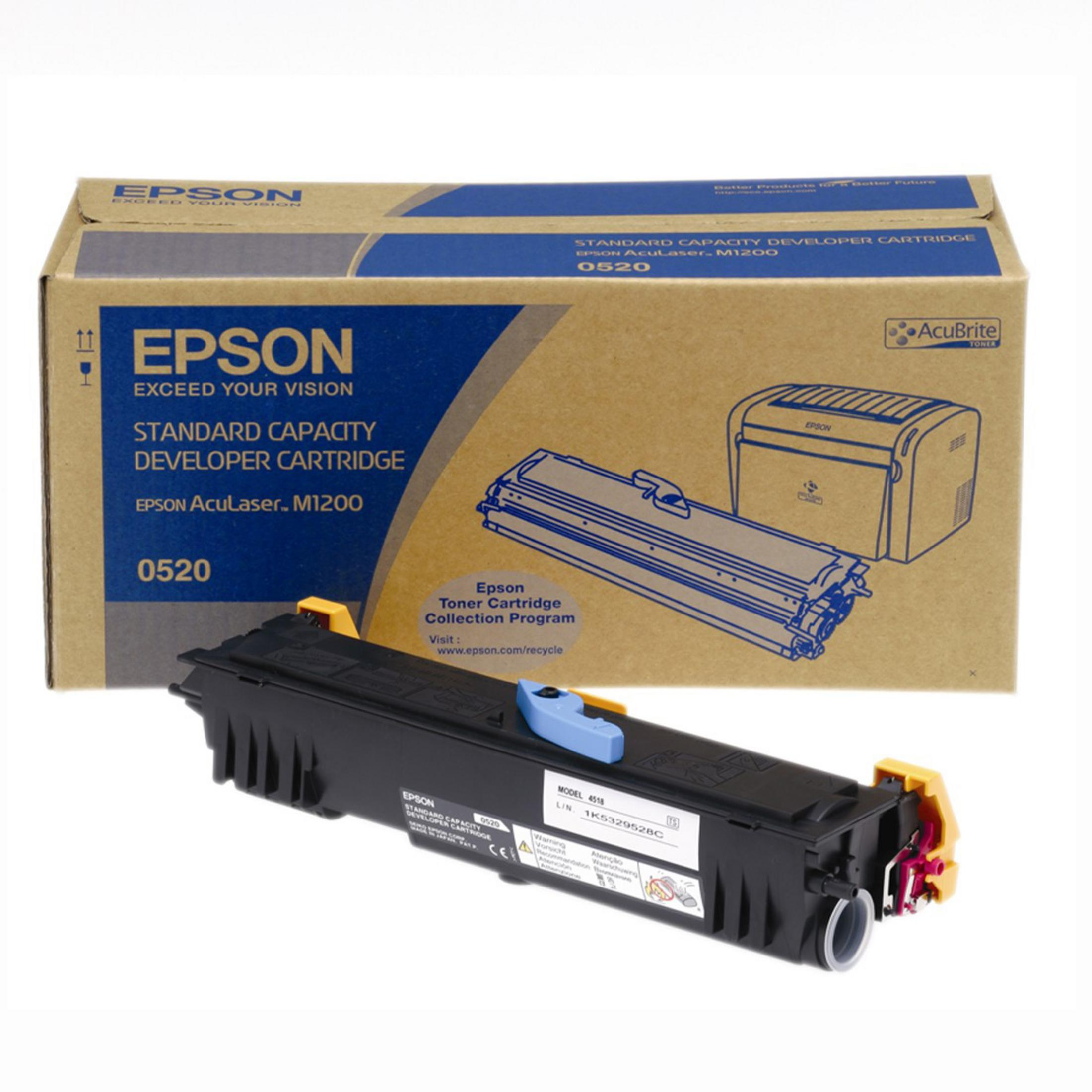 Cartuccia sviluppatore Epson 0520 e scatola con illustrazione stampante.