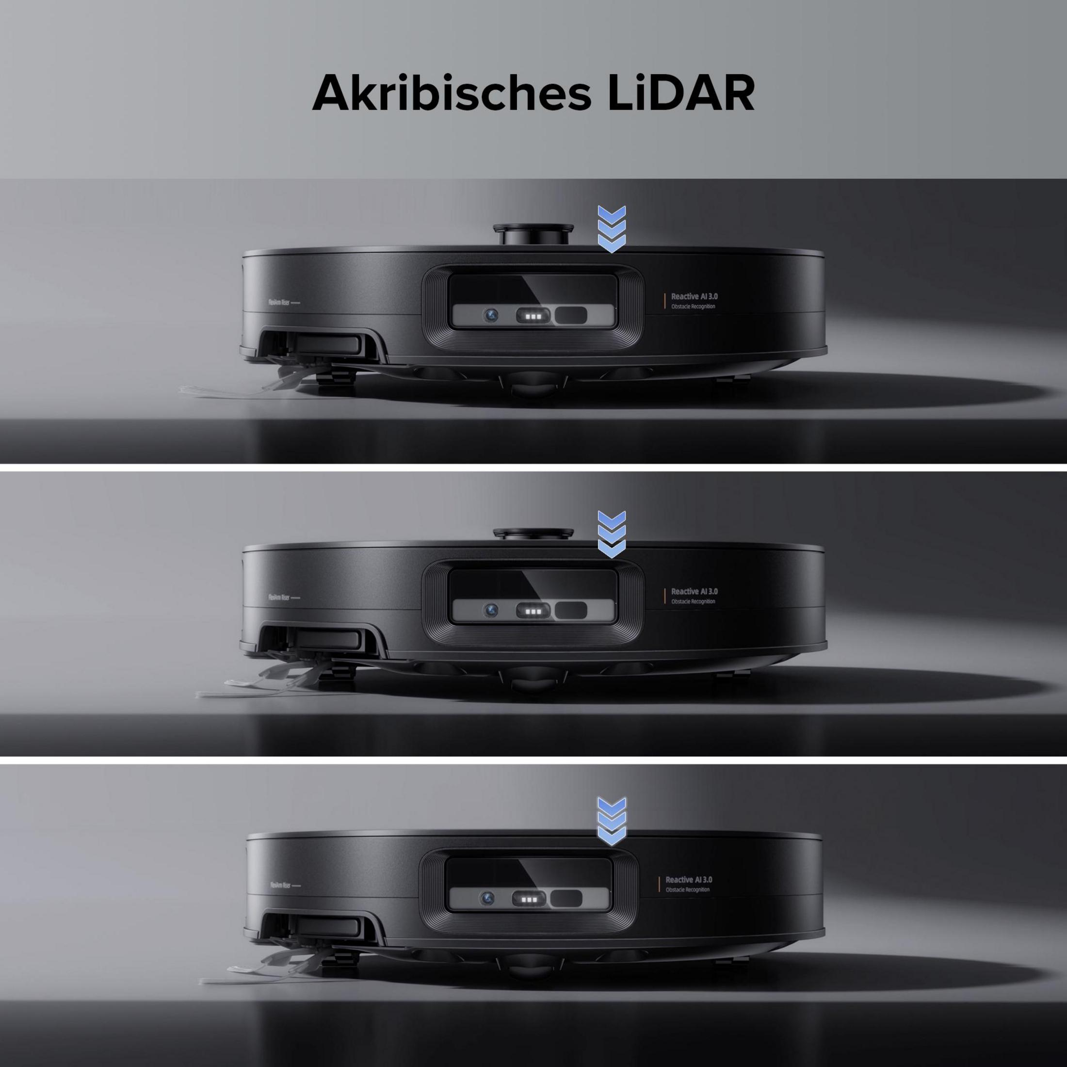 Drei Ansichten eines schwarzen Saugroboters mit LiDAR und KI-Hinderniserkennung.