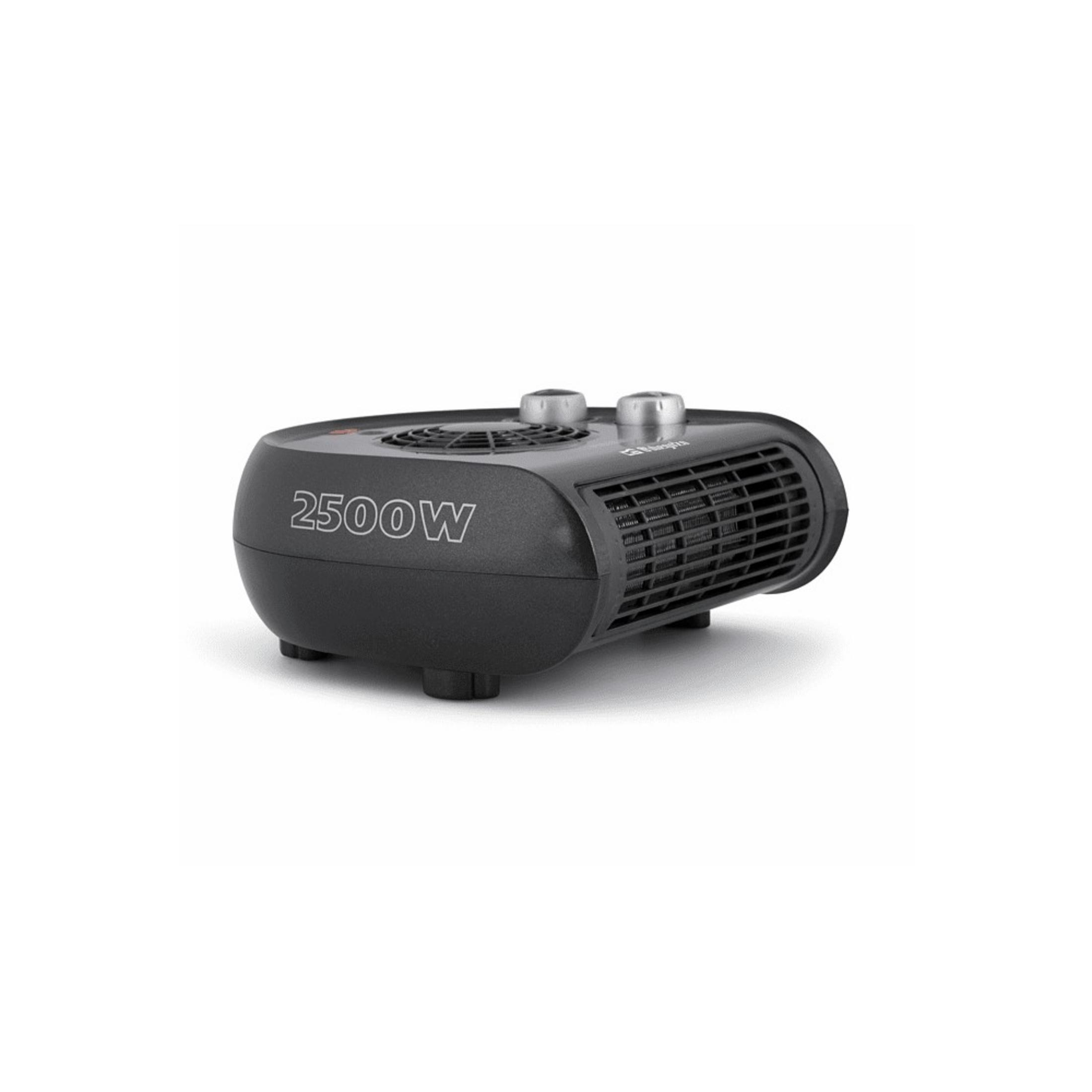 Riscaldatore portatile nero con etichetta 2500W, due manopole argentate sopra.