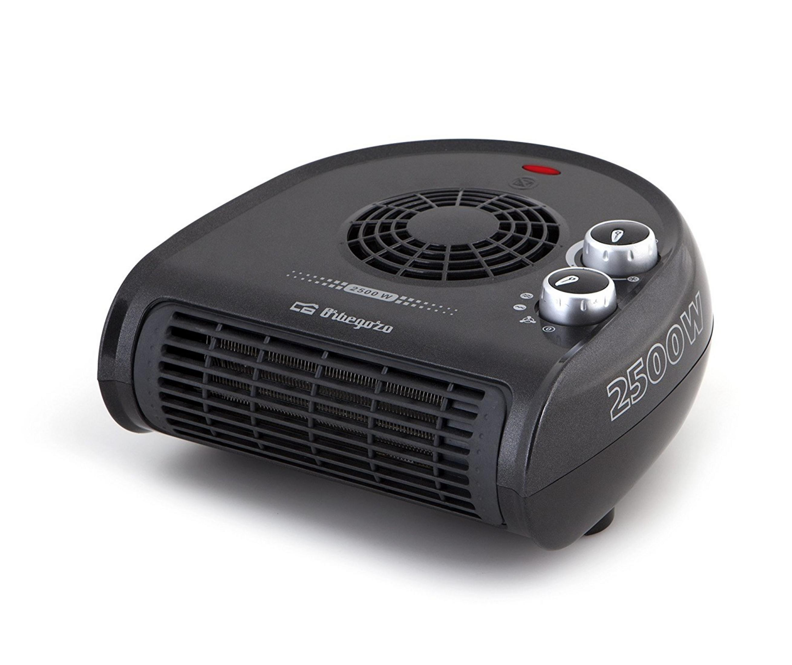 Una stufetta a ventola nera da 2500W con due manopole e griglia.