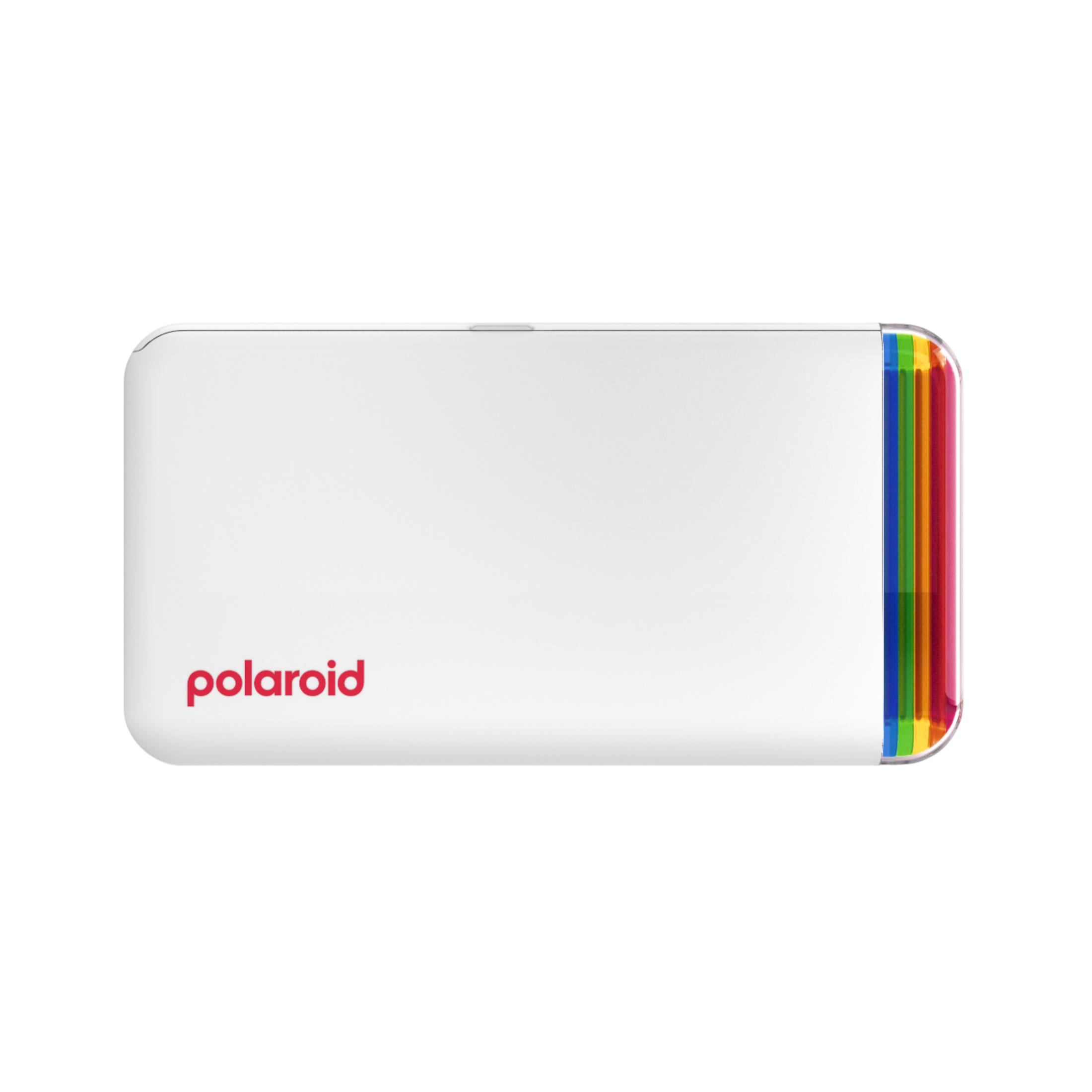 Una stampante Polaroid bianca con una striscia arcobaleno sul lato.