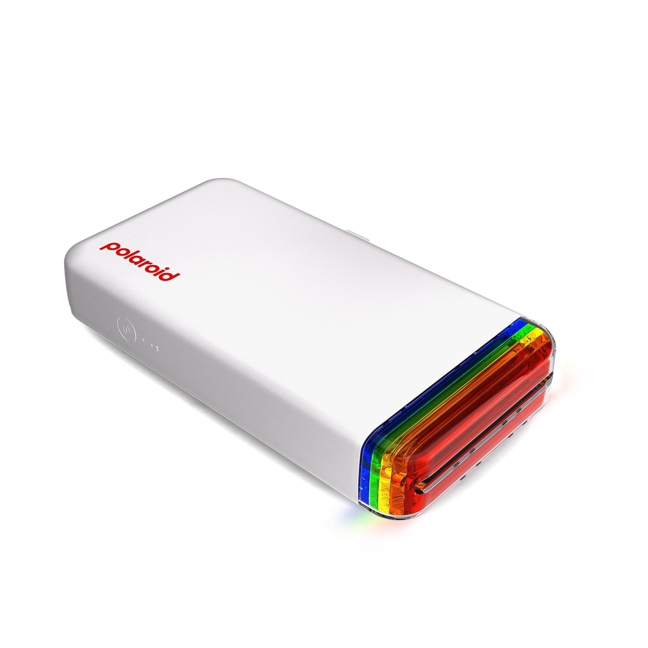 Un dispositivo Polaroid bianco con un'estremità a strisce colorate.
