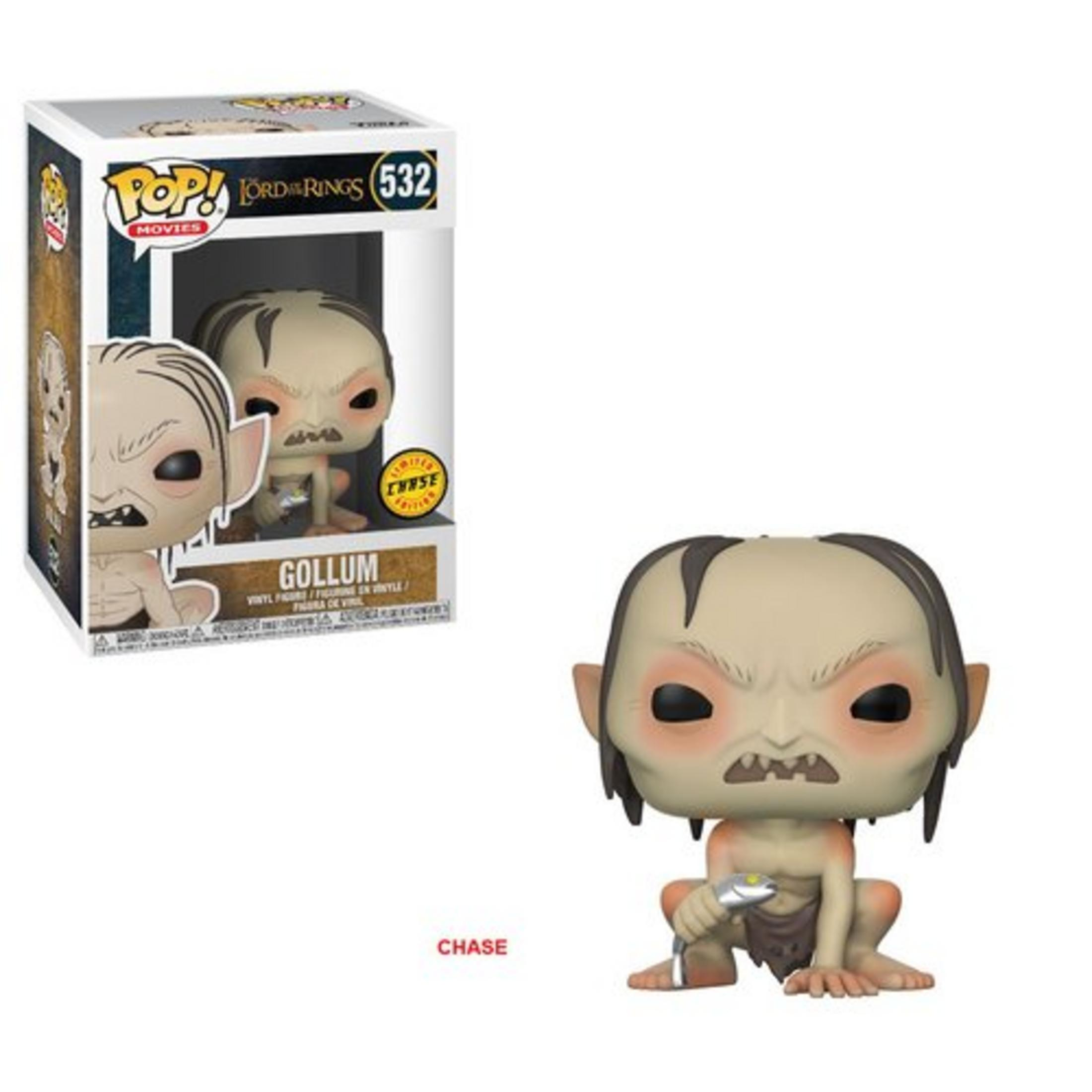 Una figura de Gollum con un pez y una caja Pop de El Señor de los Anillos.